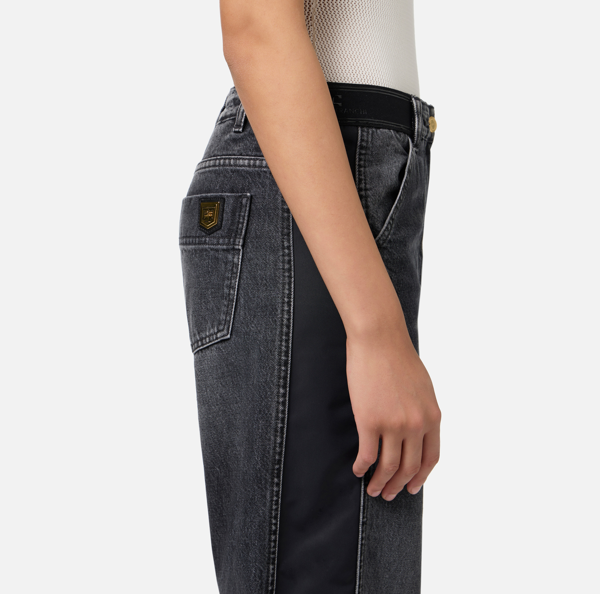 Wide leg cotton jeans with nylon inserts | Elisabetta Franchi® Outlet