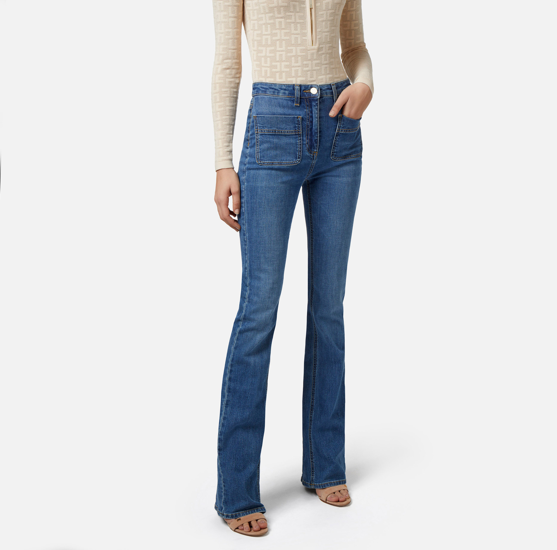 Boot-cut jeans with logo plaque - Elisabetta Franchi® Outlet