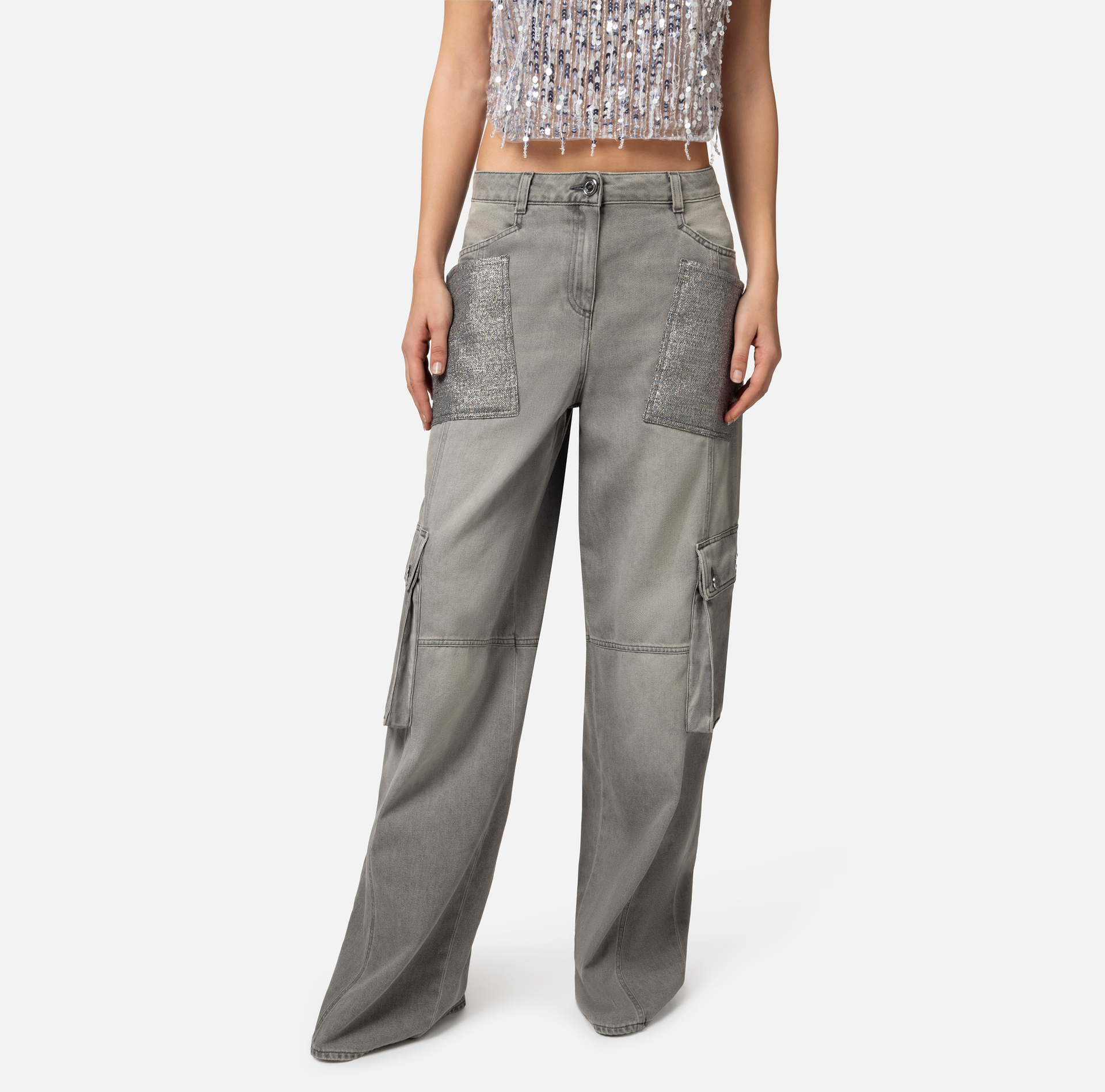 Cargo jeans with tweed pockets - Elisabetta Franchi® Outlet