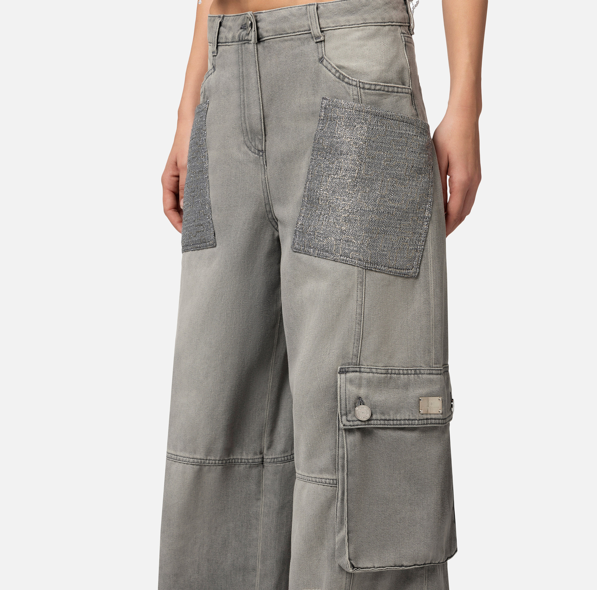 Cargo jeans with tweed pockets - Elisabetta Franchi® Outlet