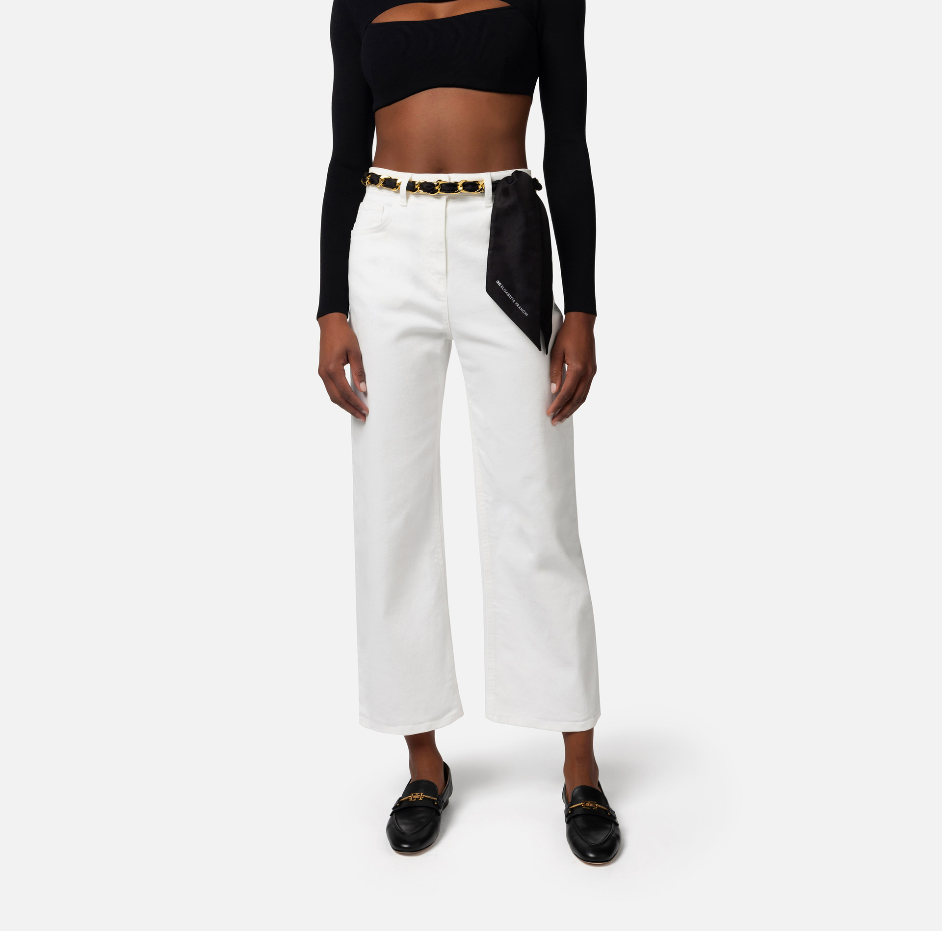 Cropped palazzo jeans with chain belt - Elisabetta Franchi® Outlet