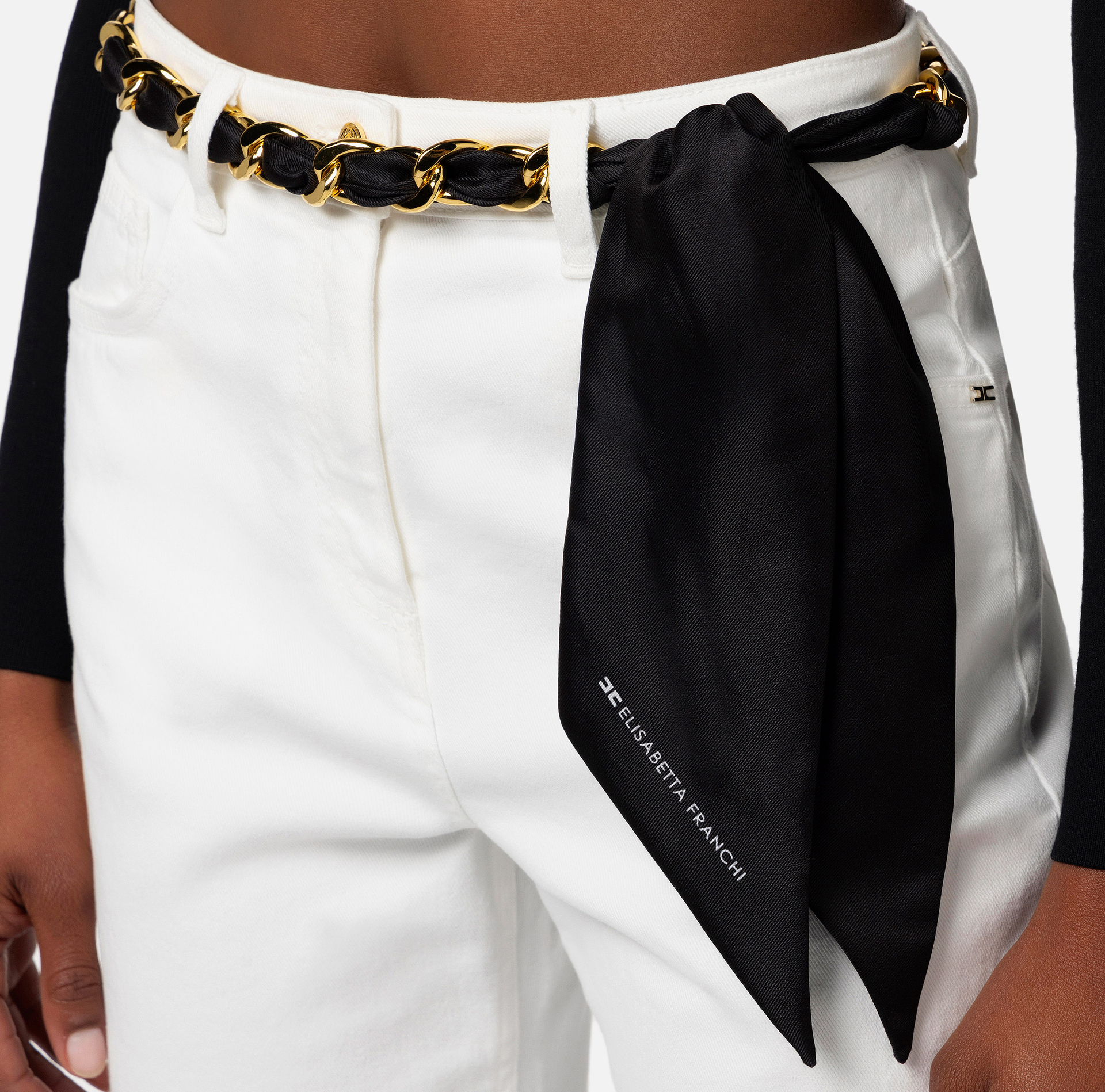Cropped palazzo jeans with chain belt - Elisabetta Franchi® Outlet