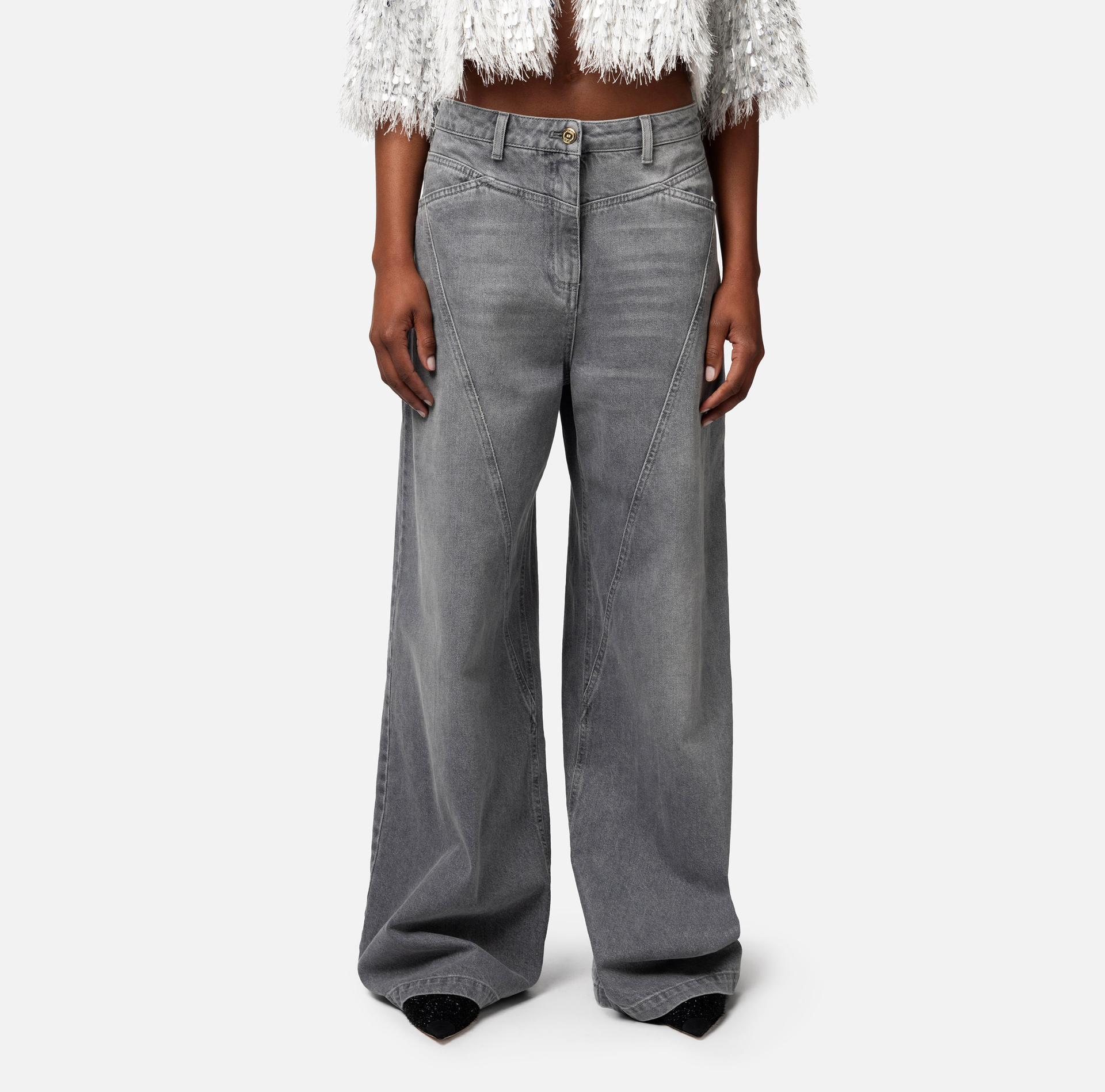 Palazzo jeans with diagonal cuts - Elisabetta Franchi® Outlet