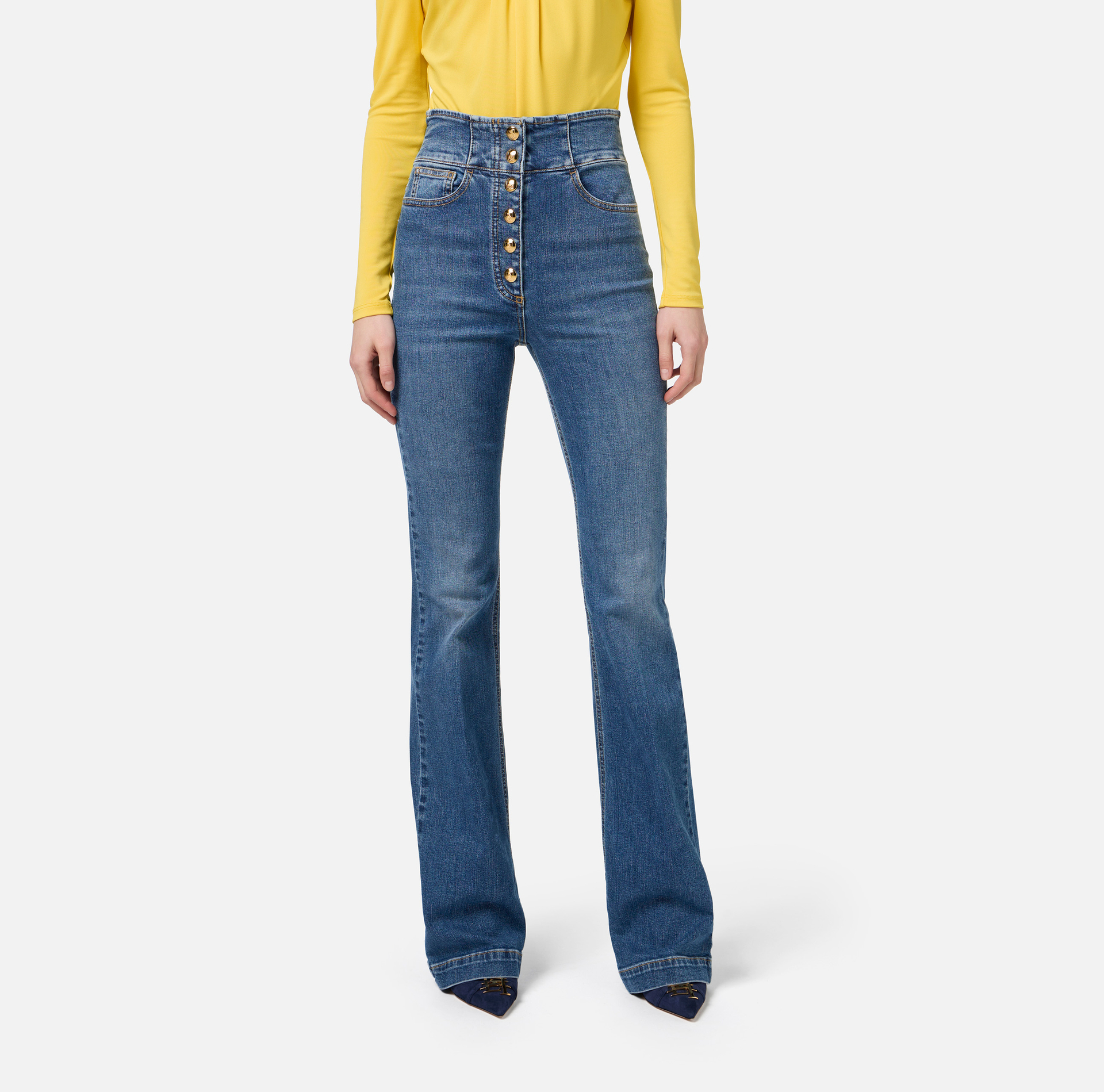 Bell-bottom stretch cotton jeans with central button placket | Elisabetta Franchi® Outlet