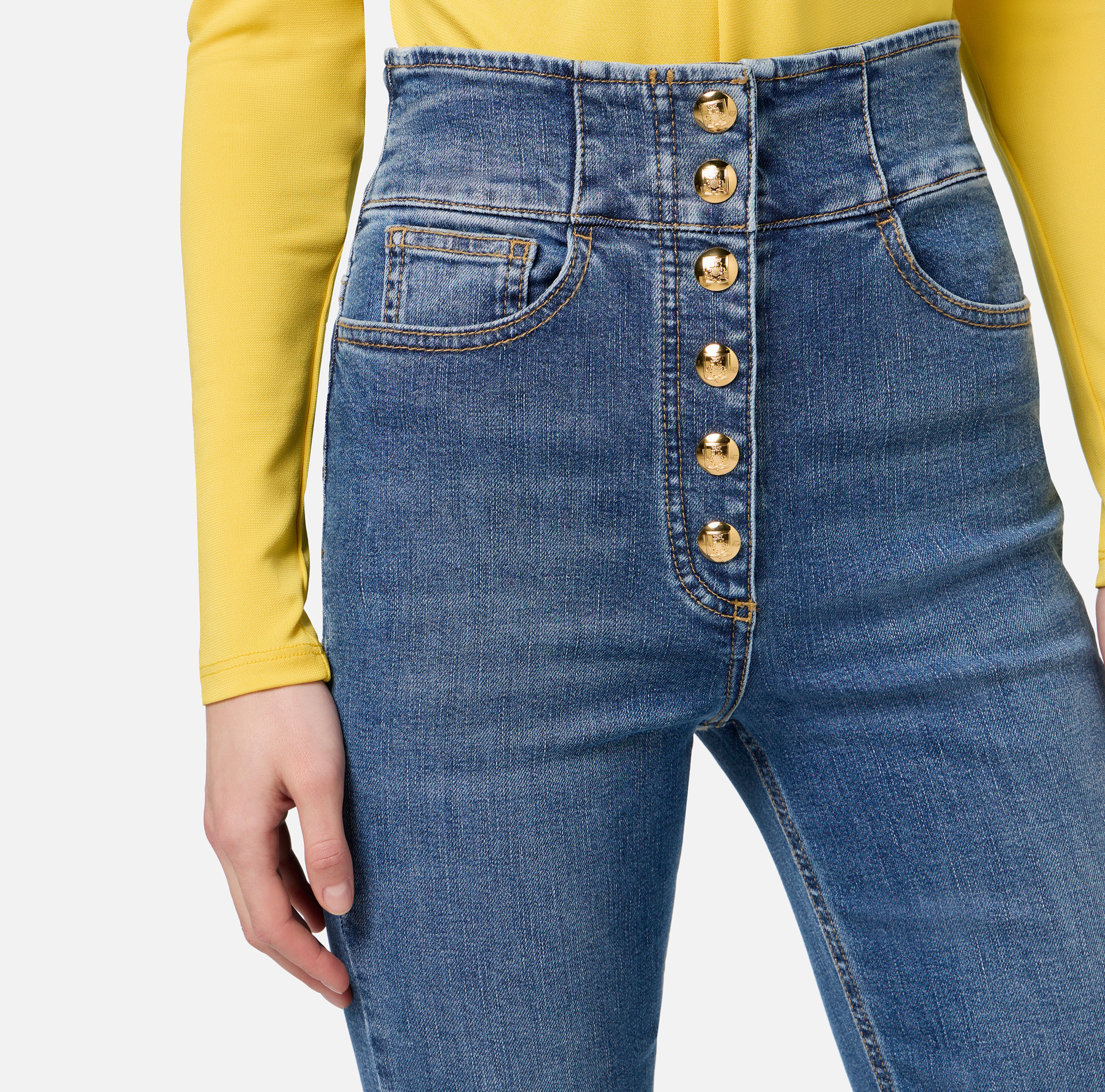 Bell-bottom stretch cotton jeans with central button placket | Elisabetta Franchi® Outlet
