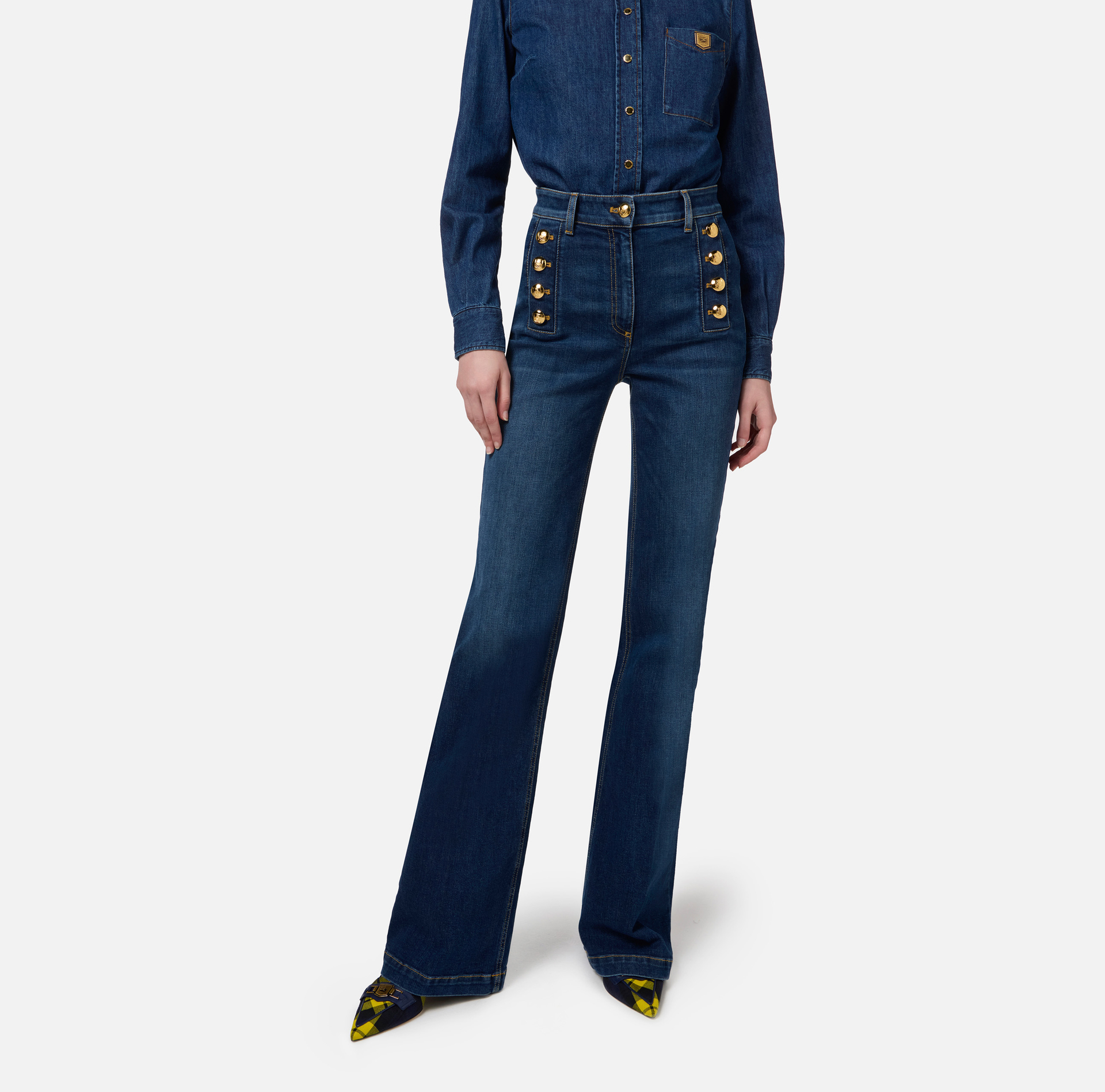 Bell-bottom stretch cotton jeans with side button placket - Elisabetta Franchi® Outlet