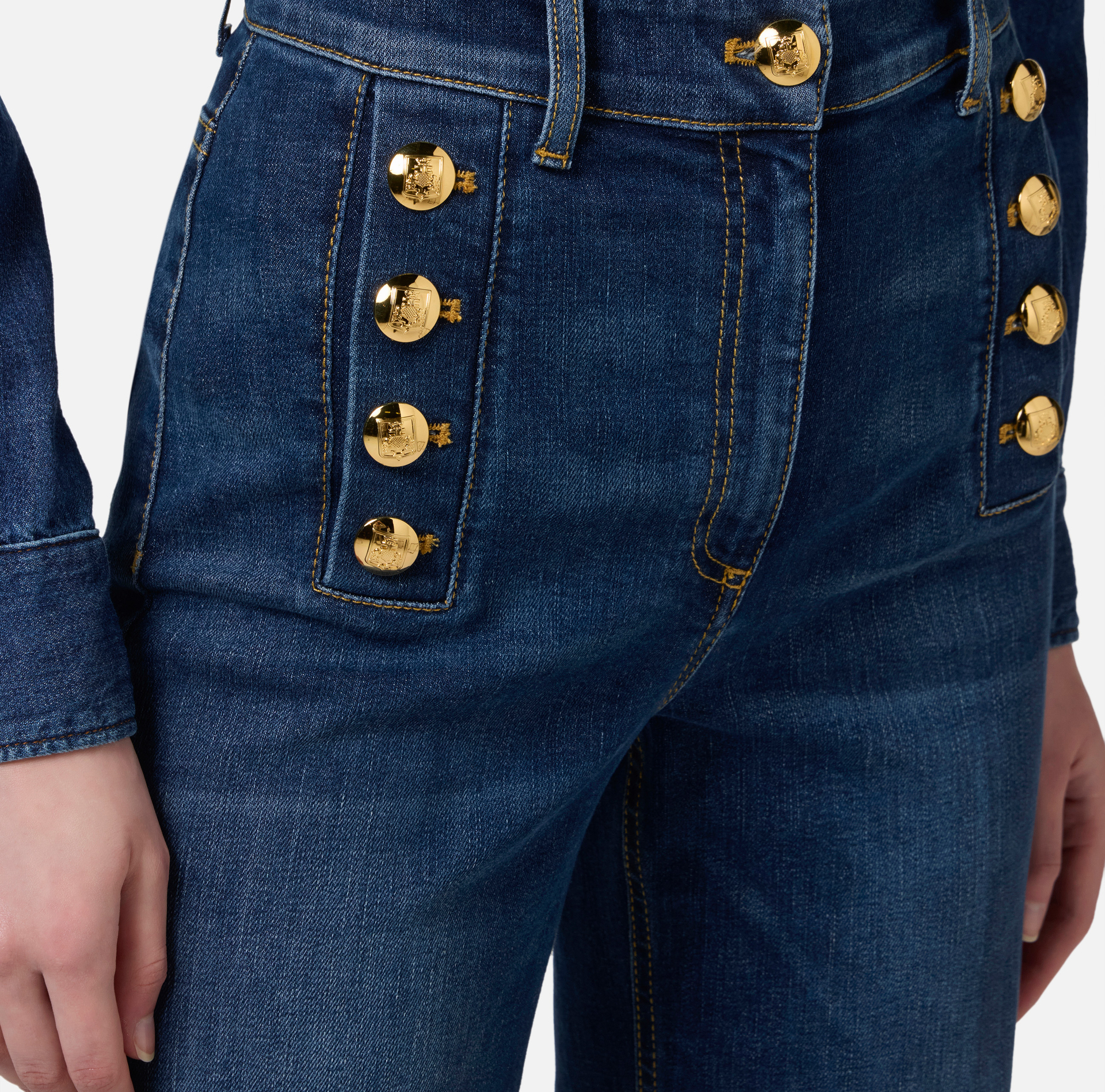 Bell-bottom stretch cotton jeans with side button placket - Elisabetta Franchi® Outlet