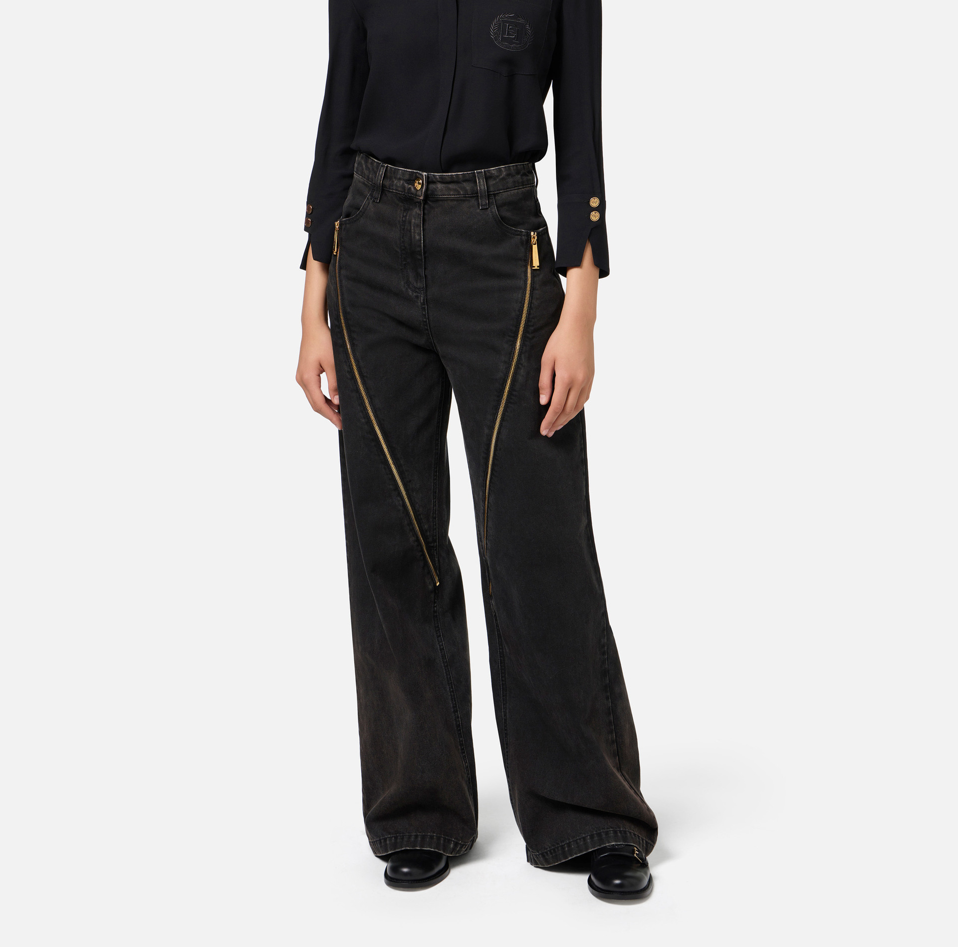 Wide leg cotton jeans with zip - Elisabetta Franchi® Outlet