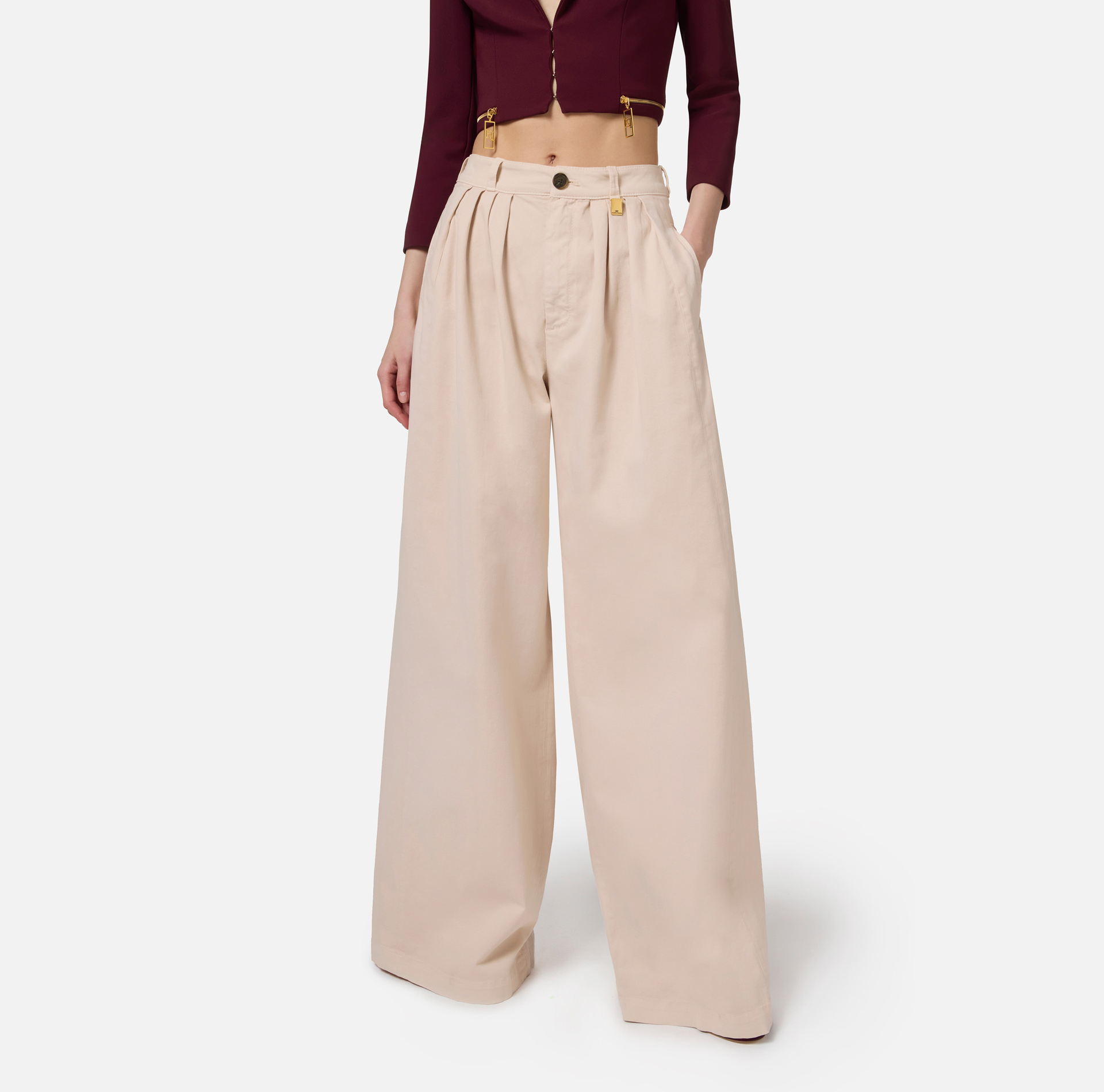 Dyed cotton wide leg jeans with darts - Elisabetta Franchi® Outlet