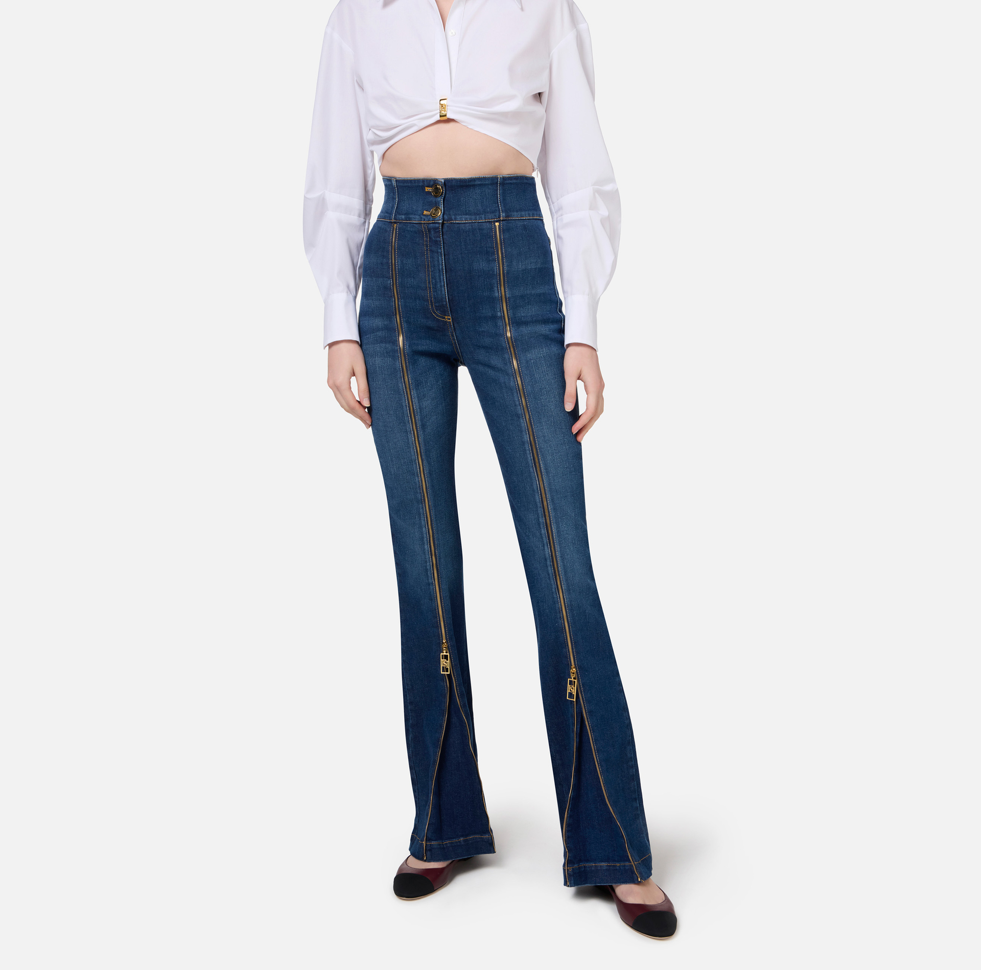 Schlagjeans aus Baumwolle mit Reißverschluss - Elisabetta Franchi® Outlet