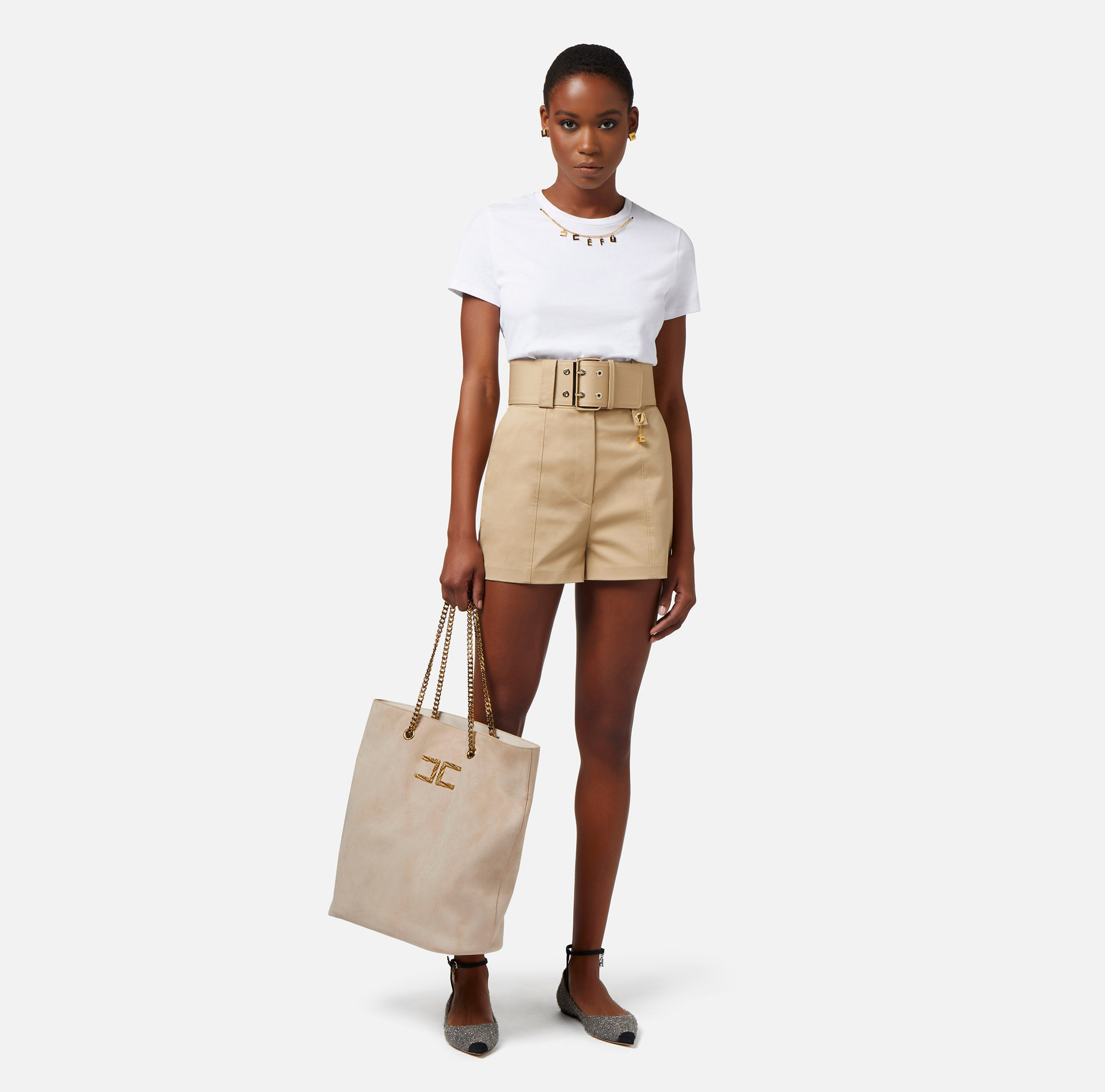 Shorts in cotone stretch con cintura - Elisabetta Franchi® Outlet