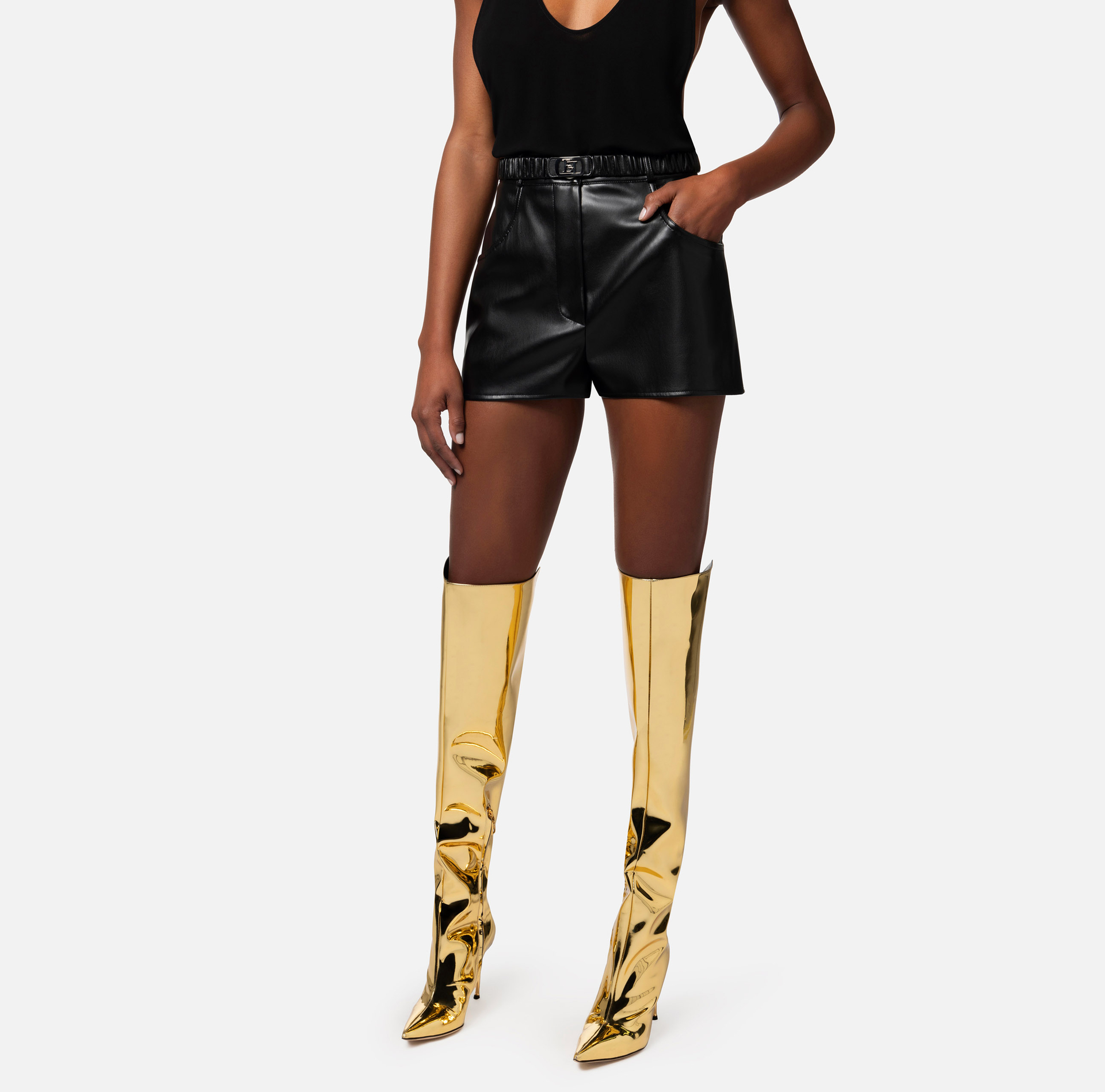Shorts in synthetic material with belt - Elisabetta Franchi® Outlet