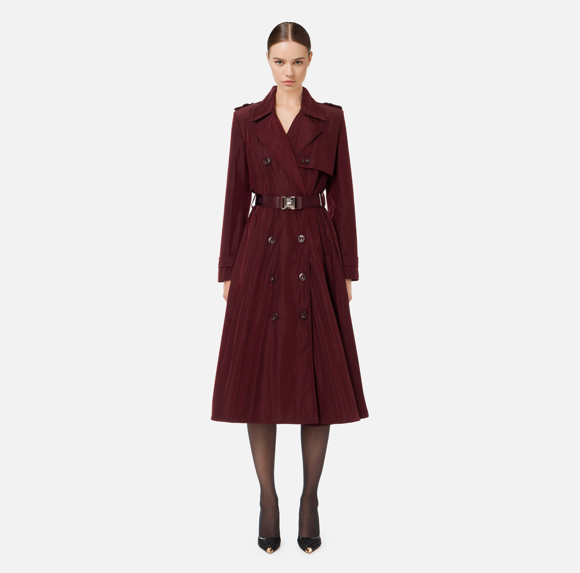 Nylon trench coat with circle skirt and belt - Elisabetta Franchi® Outlet