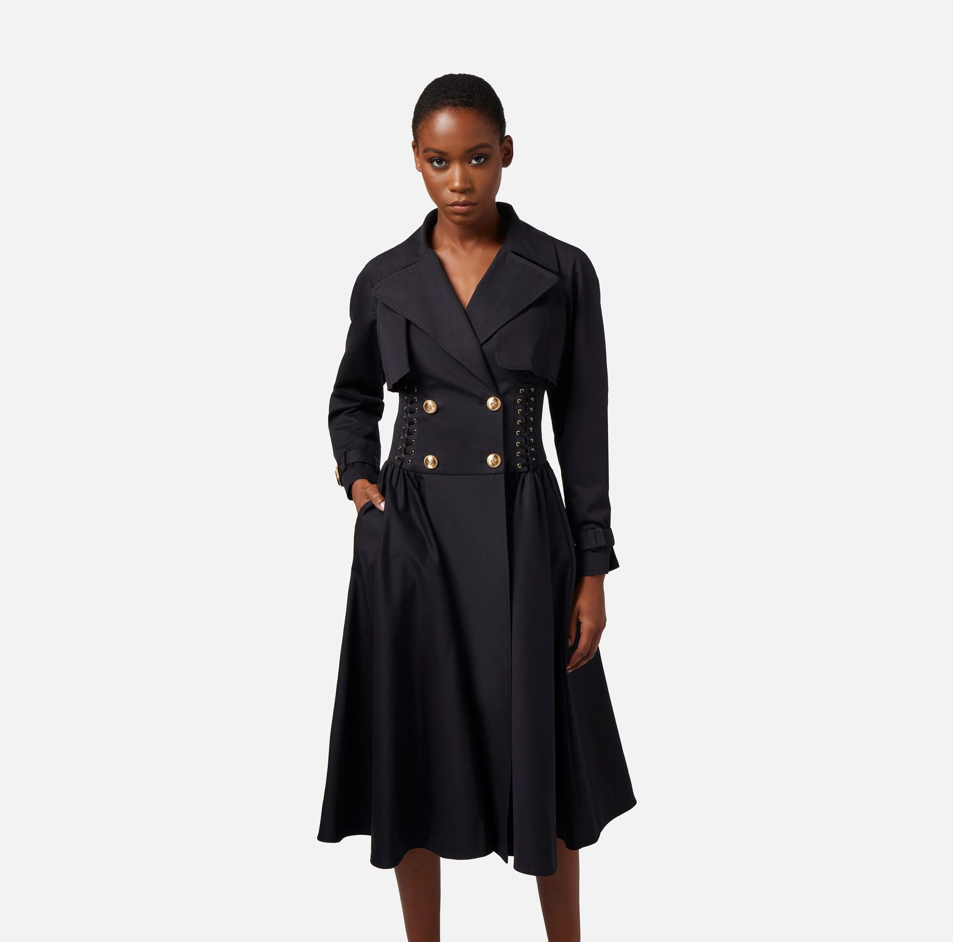 Cotton trench coat in a frock coat design - Elisabetta Franchi® Outlet