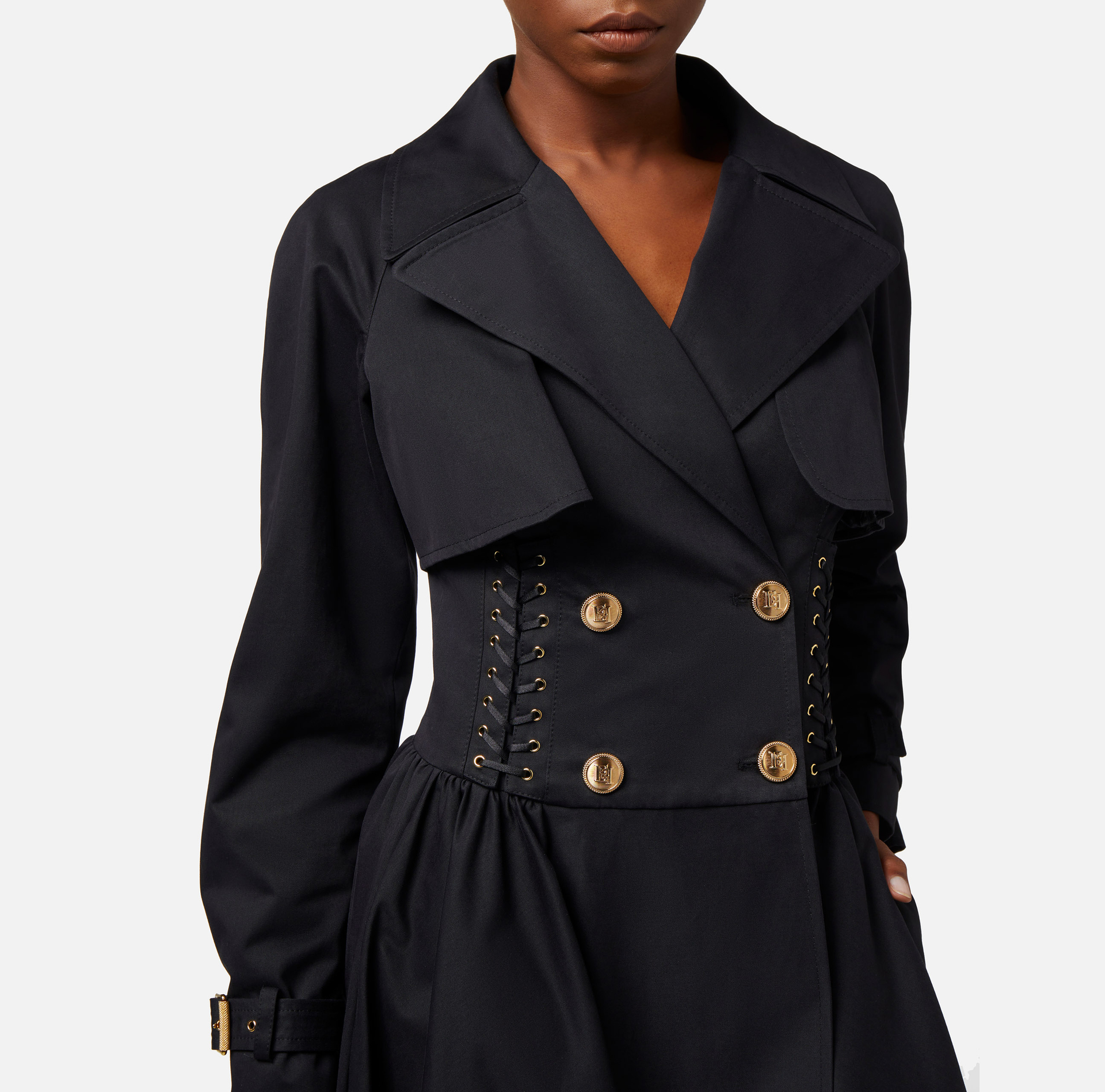 Cotton trench coat in a frock coat design - Elisabetta Franchi® Outlet
