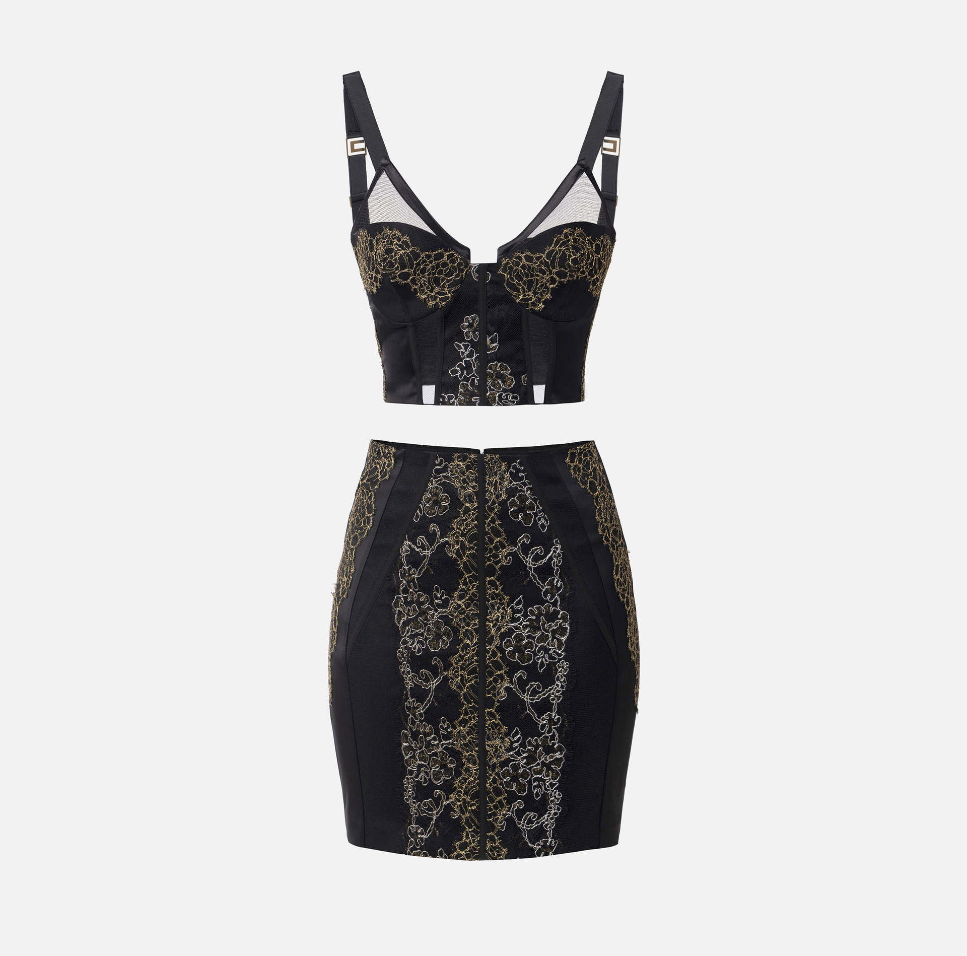 Ensemble top et mini-jupe en satin avec inserts en dentelle - Elisabetta Franchi® Outlet