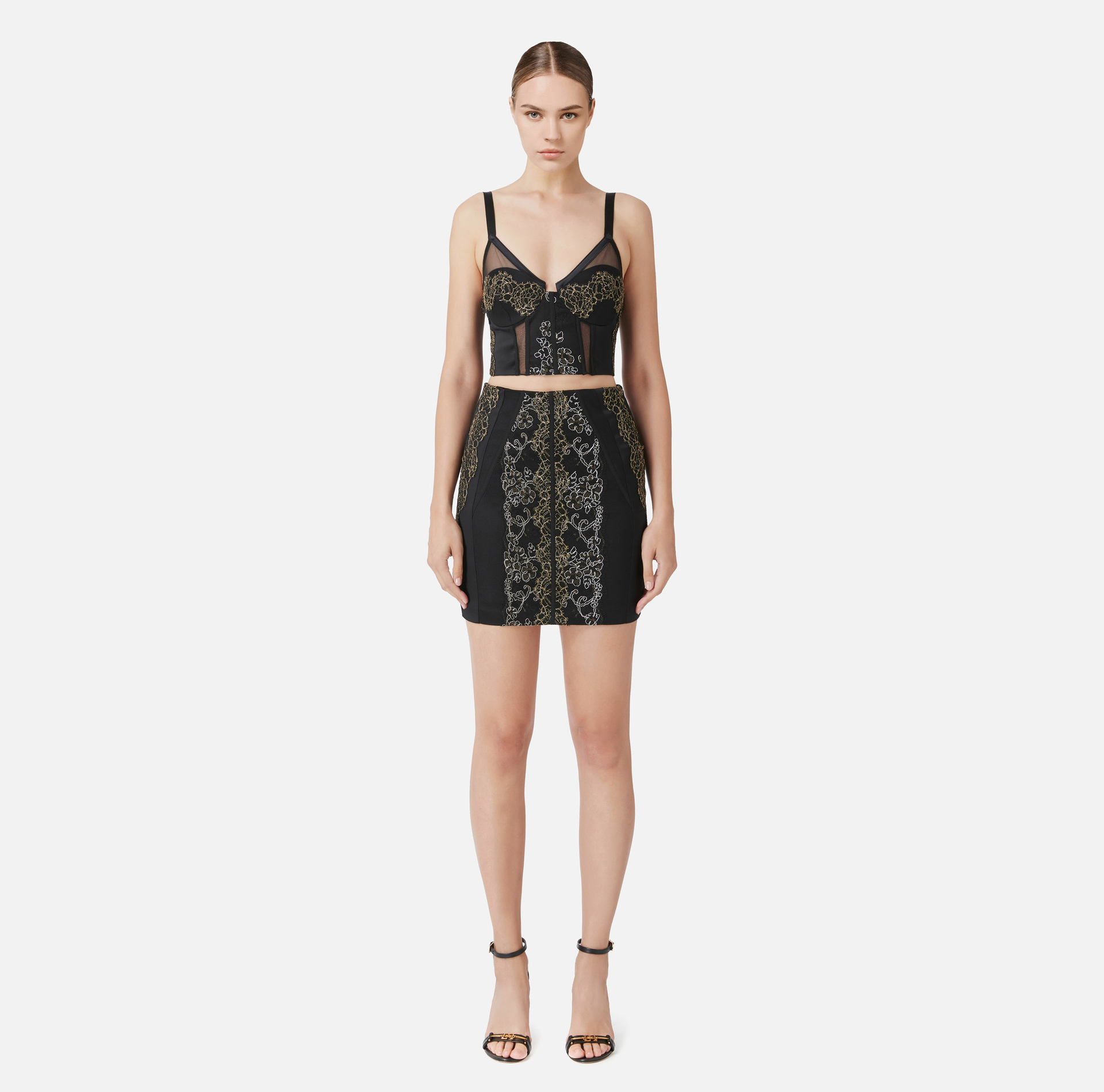 Ensemble top et mini-jupe en satin avec inserts en dentelle - Elisabetta Franchi® Outlet