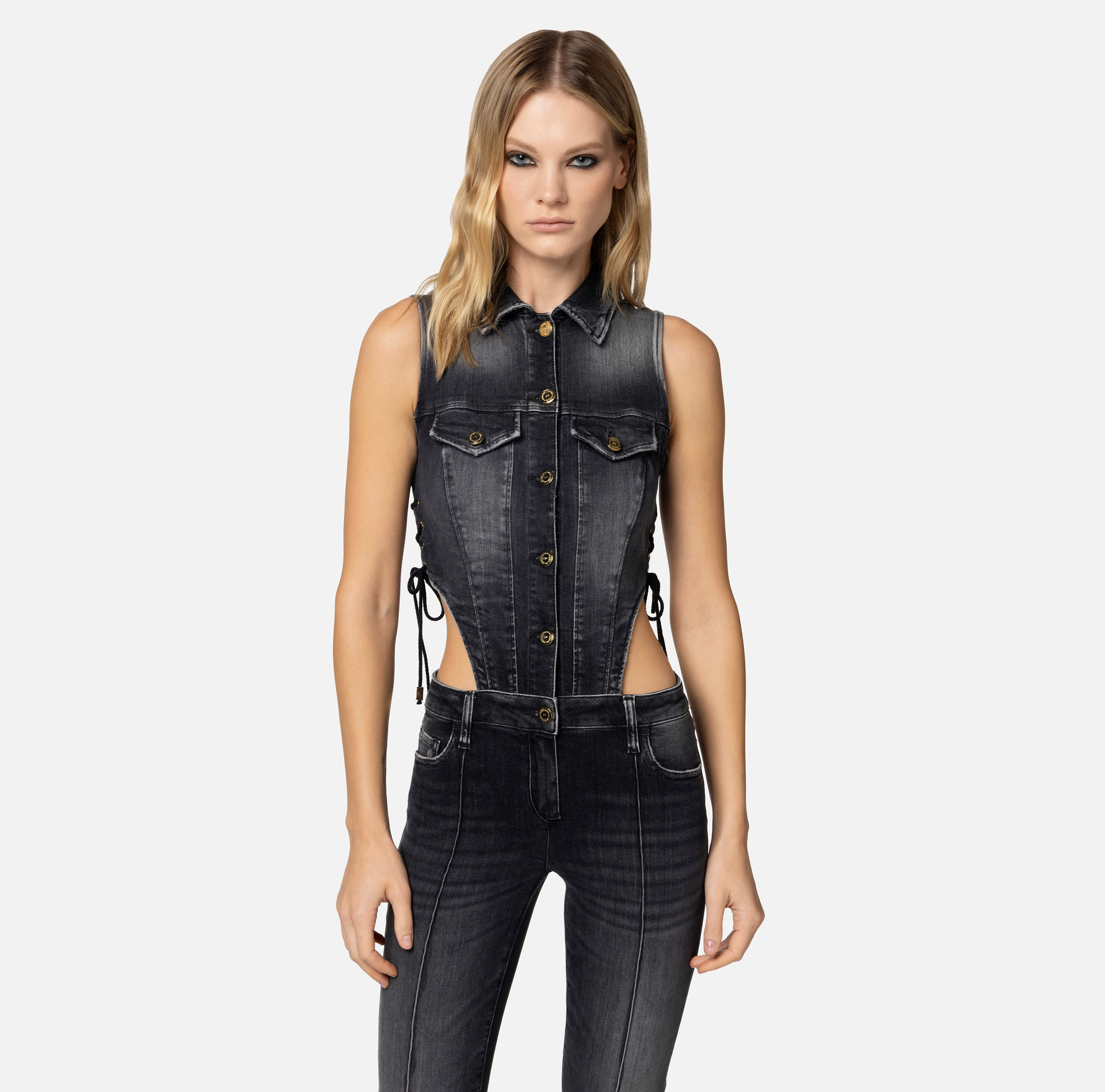 Jumpsuit aus Denim mit Cut-out - Elisabetta Franchi® Outlet