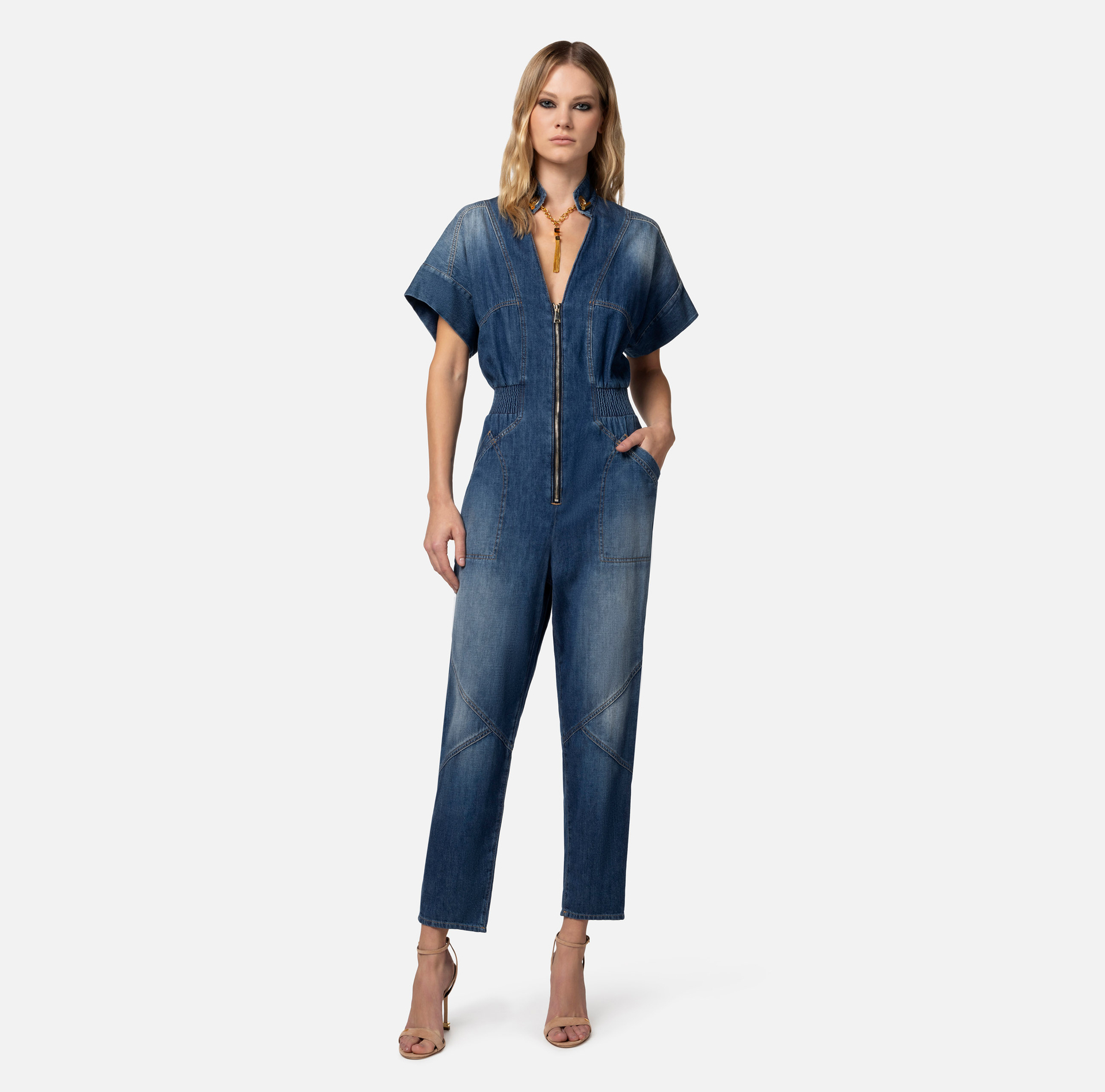 Denim jumpsuit with cufflink on the neckline - Elisabetta Franchi® Outlet