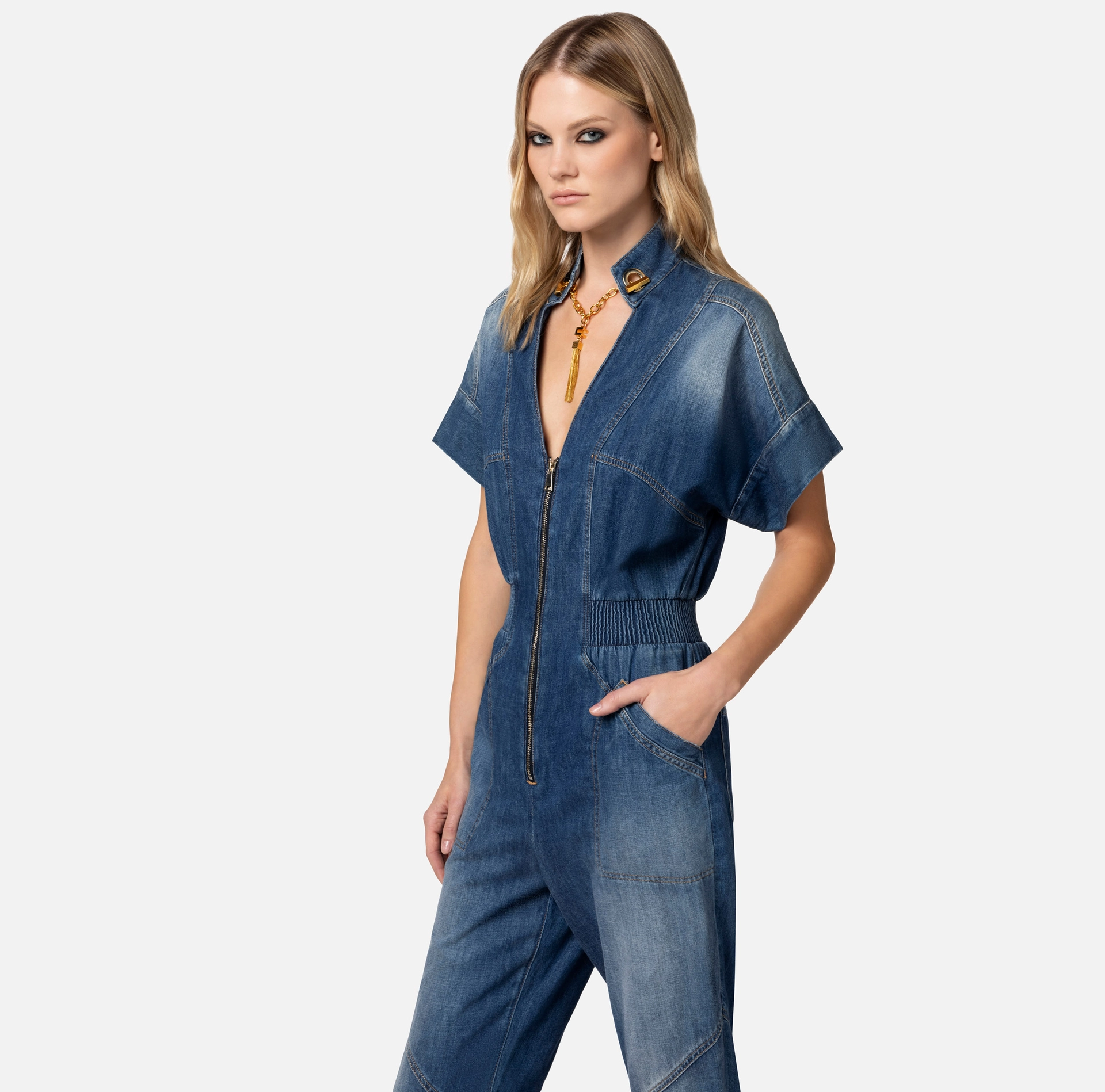 Denim jumpsuit with cufflink on the neckline - Elisabetta Franchi® Outlet