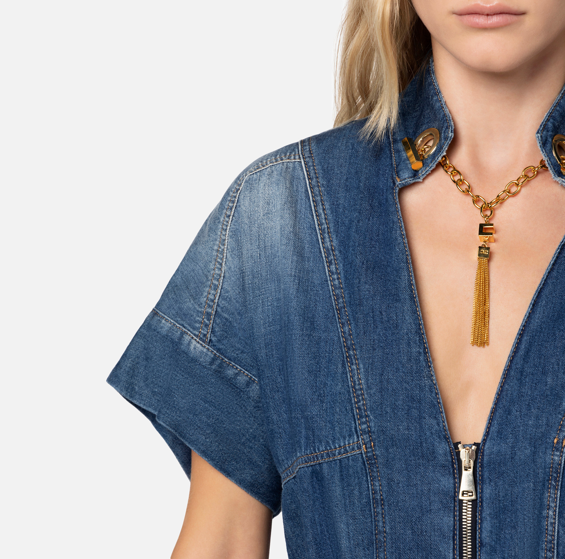 Denim jumpsuit with cufflink on the neckline - Elisabetta Franchi® Outlet