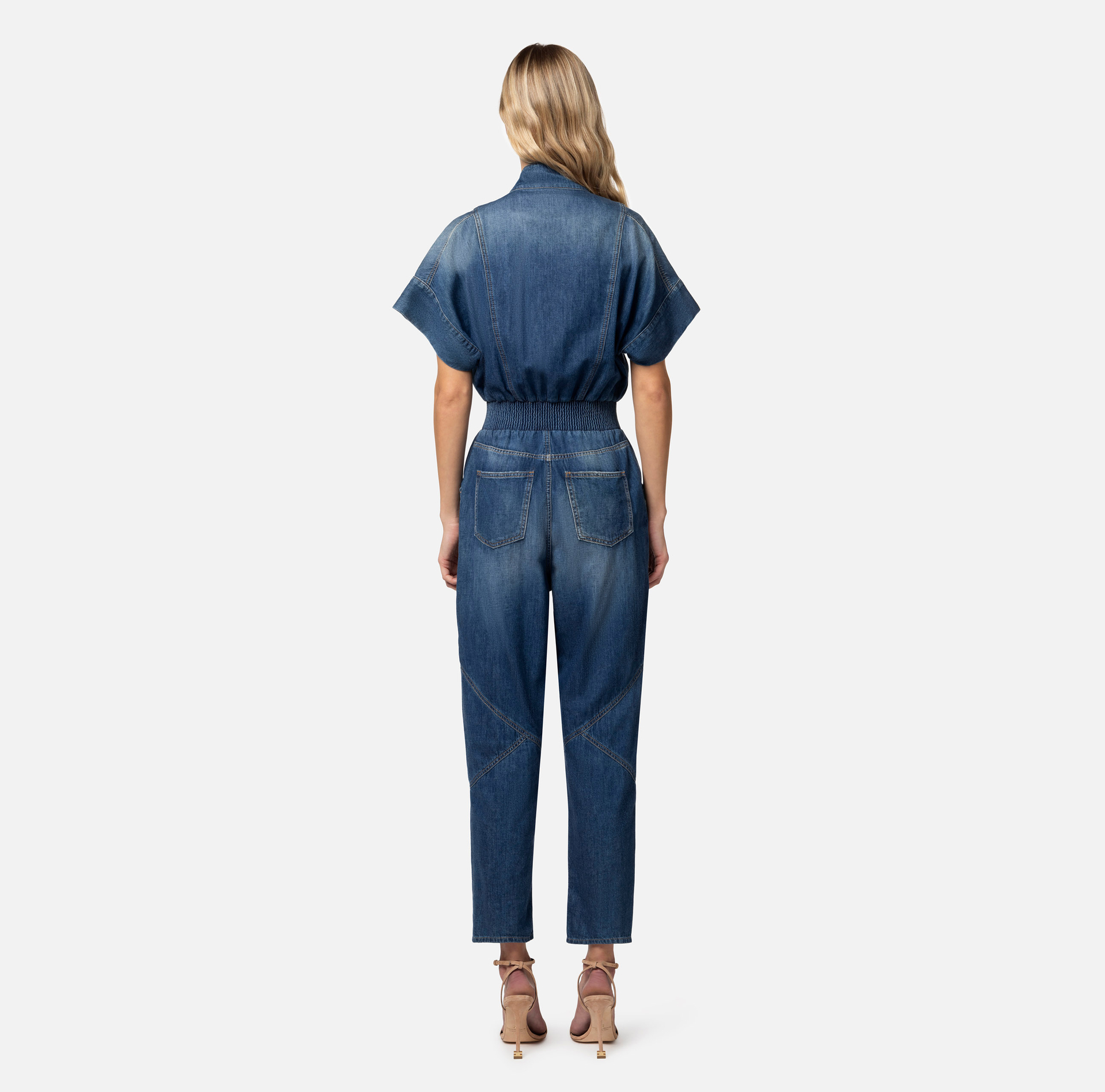 Denim jumpsuit with cufflink on the neckline - Elisabetta Franchi® Outlet