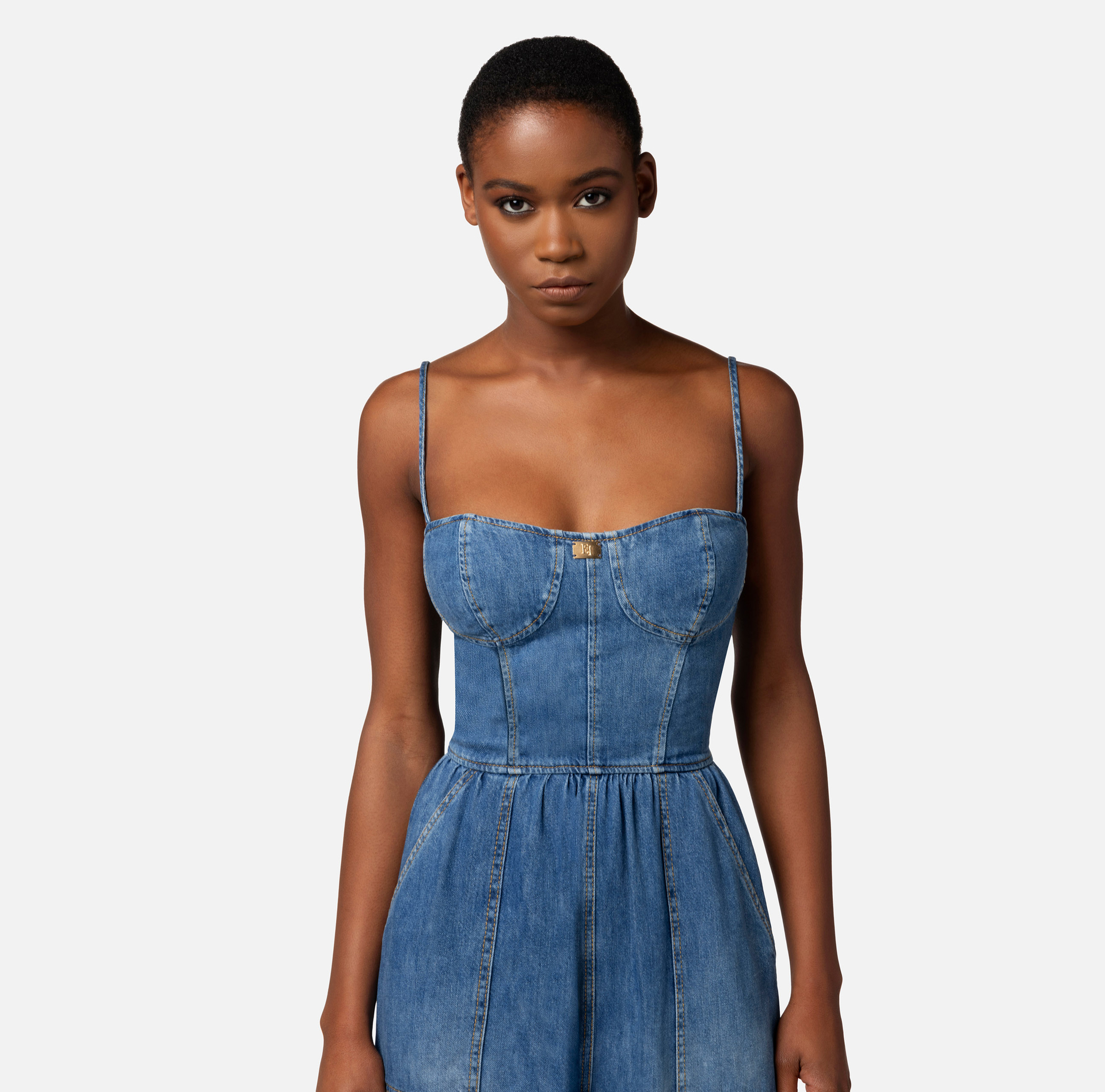 Denim jumpsuit with bustier top - Elisabetta Franchi® Outlet