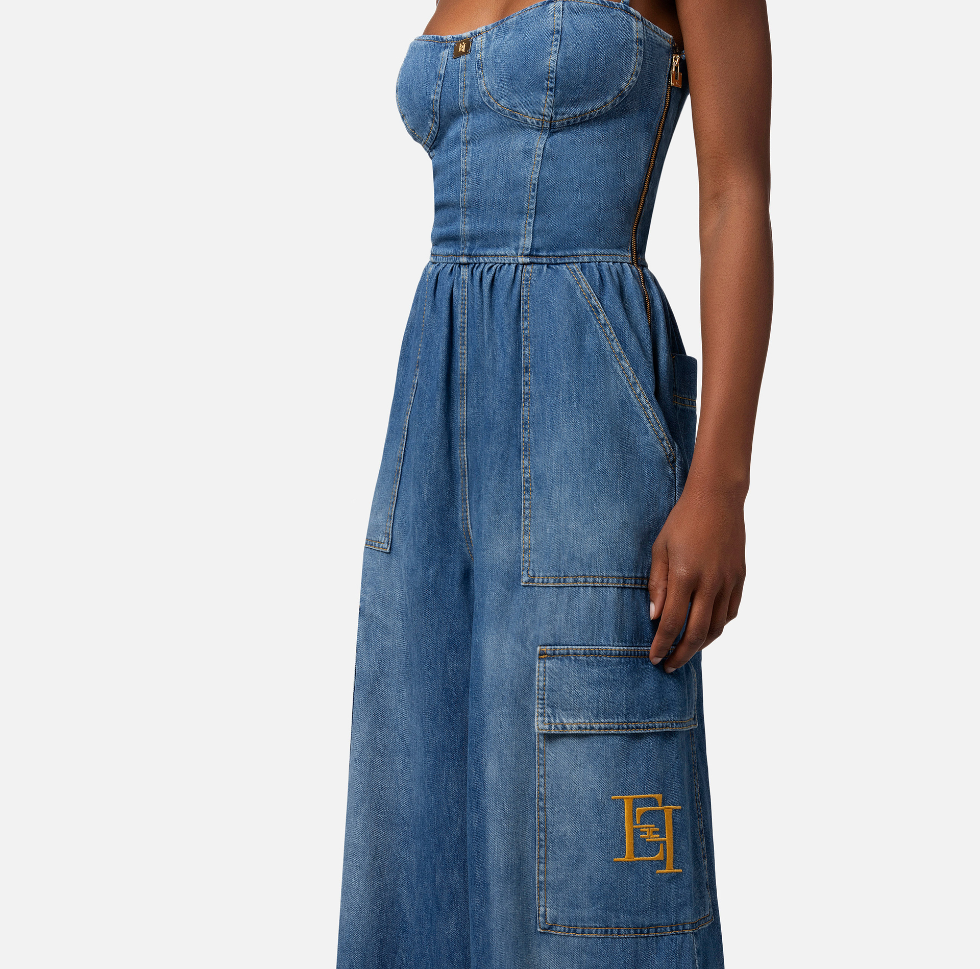 Denim jumpsuit with bustier top - Elisabetta Franchi® Outlet