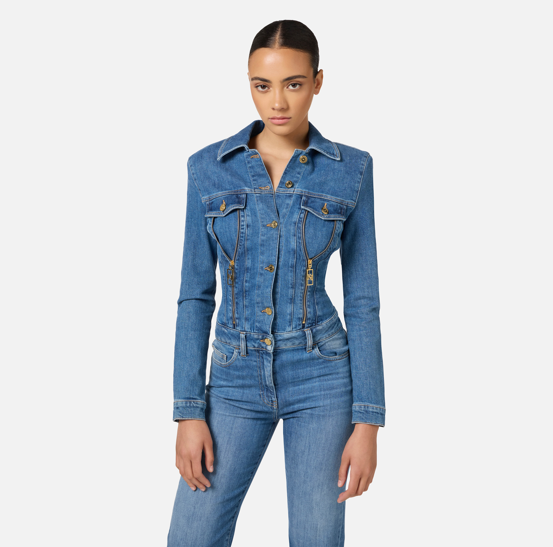 Denim jumpsuit with zip and shoulder pads - Elisabetta Franchi® Outlet