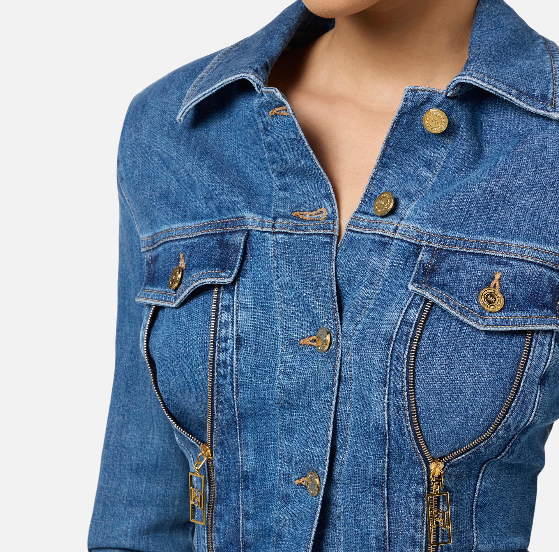 Denim jumpsuit with zip and shoulder pads - Elisabetta Franchi® Outlet