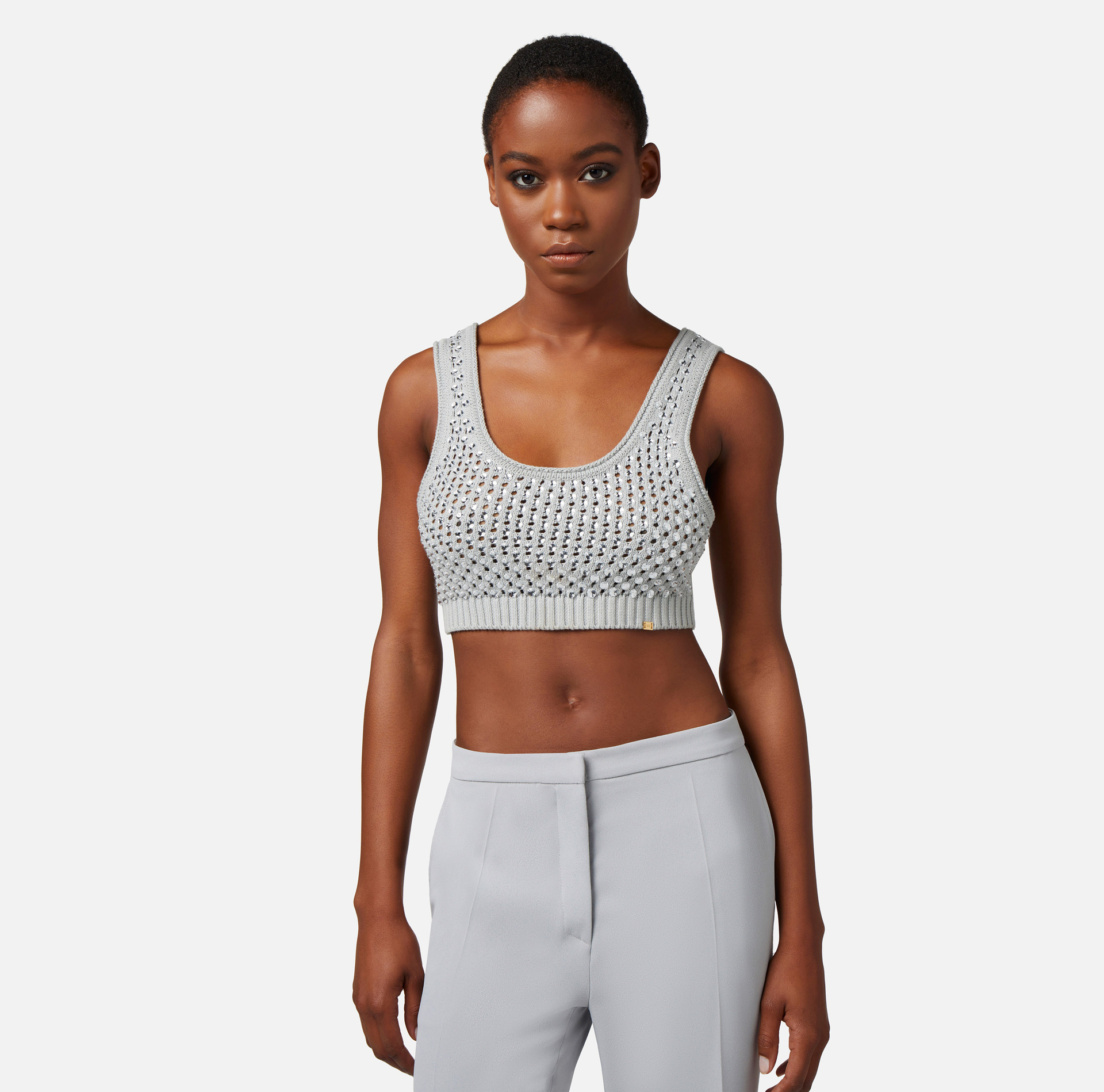 Cotton top in mesh stitch with rhinestones - Elisabetta Franchi® Outlet