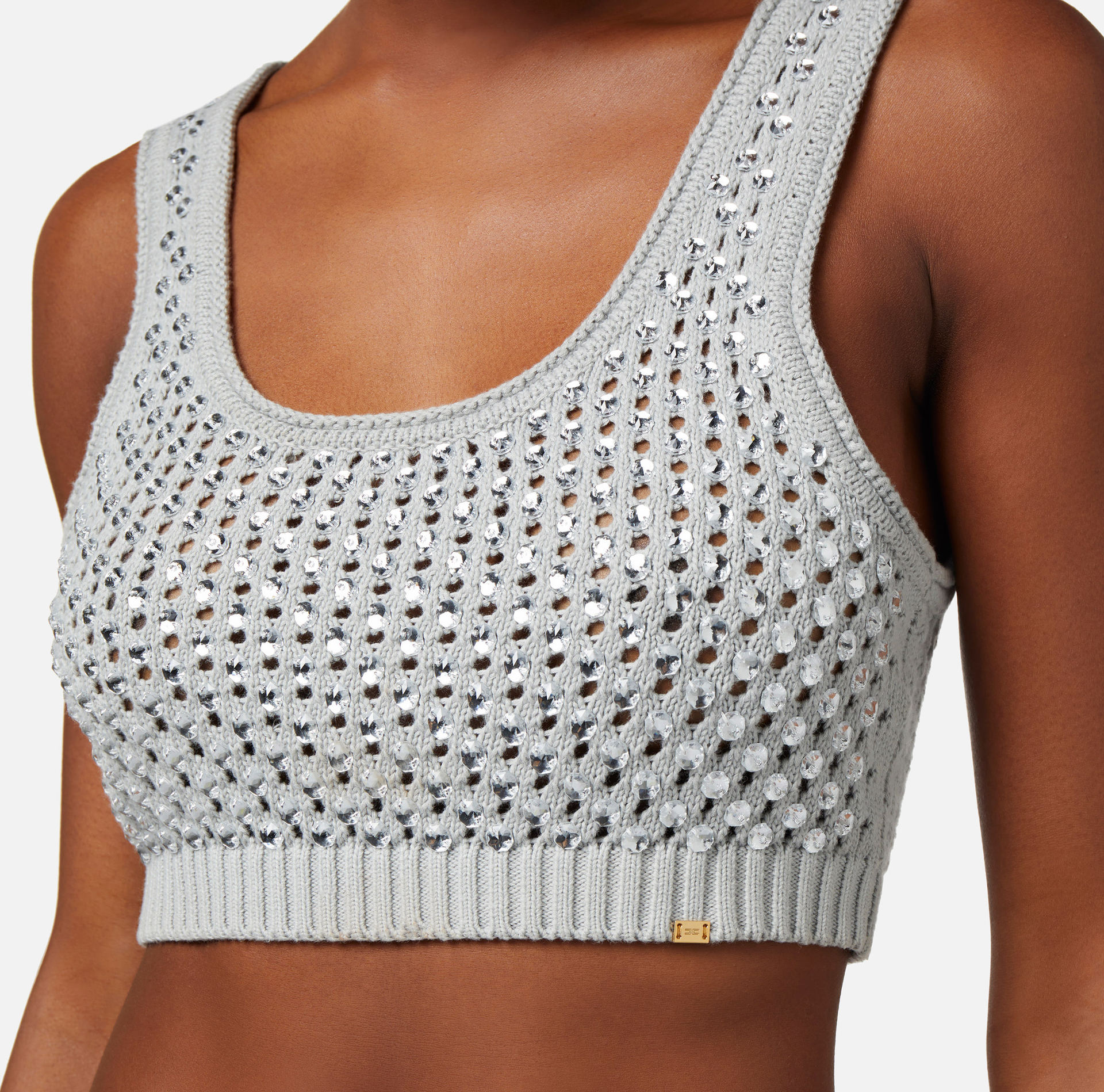 Cotton top in mesh stitch with rhinestones - Elisabetta Franchi® Outlet