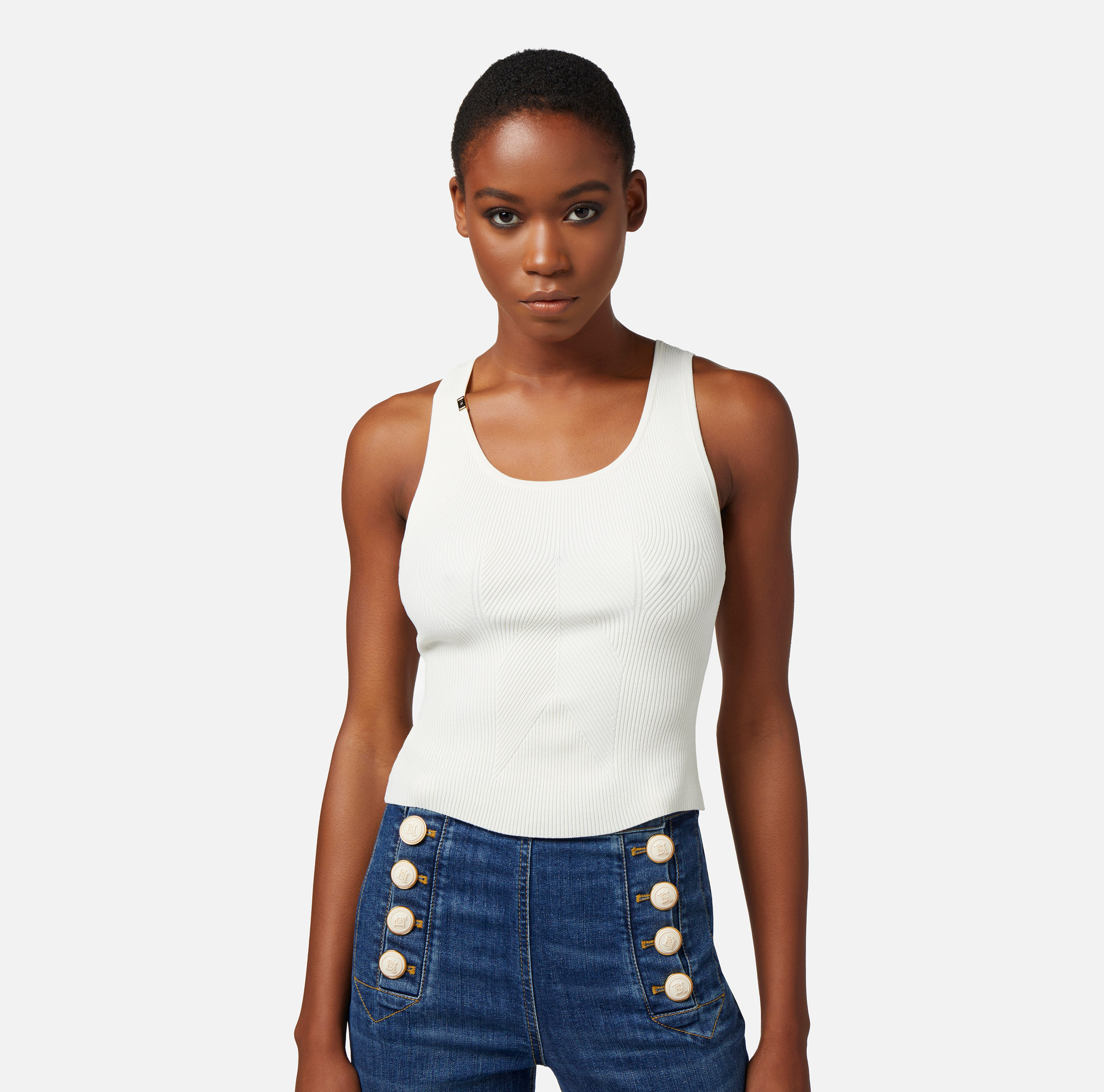 Top de viscosa de canalé con escote asimétrico - Elisabetta Franchi® Outlet
