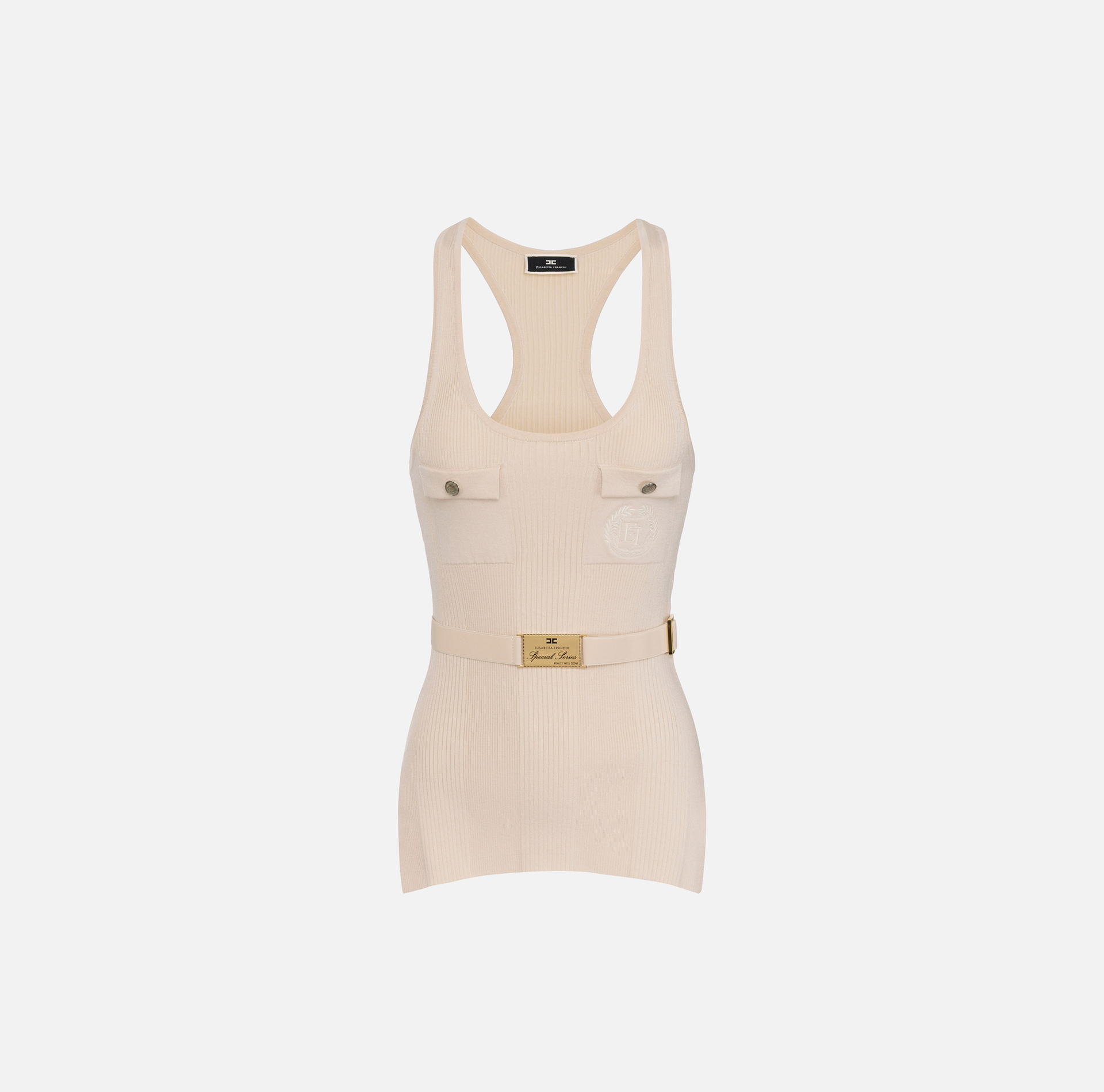 Top de viscosa y seda de canalé con logotipo bordado - Elisabetta Franchi® Outlet