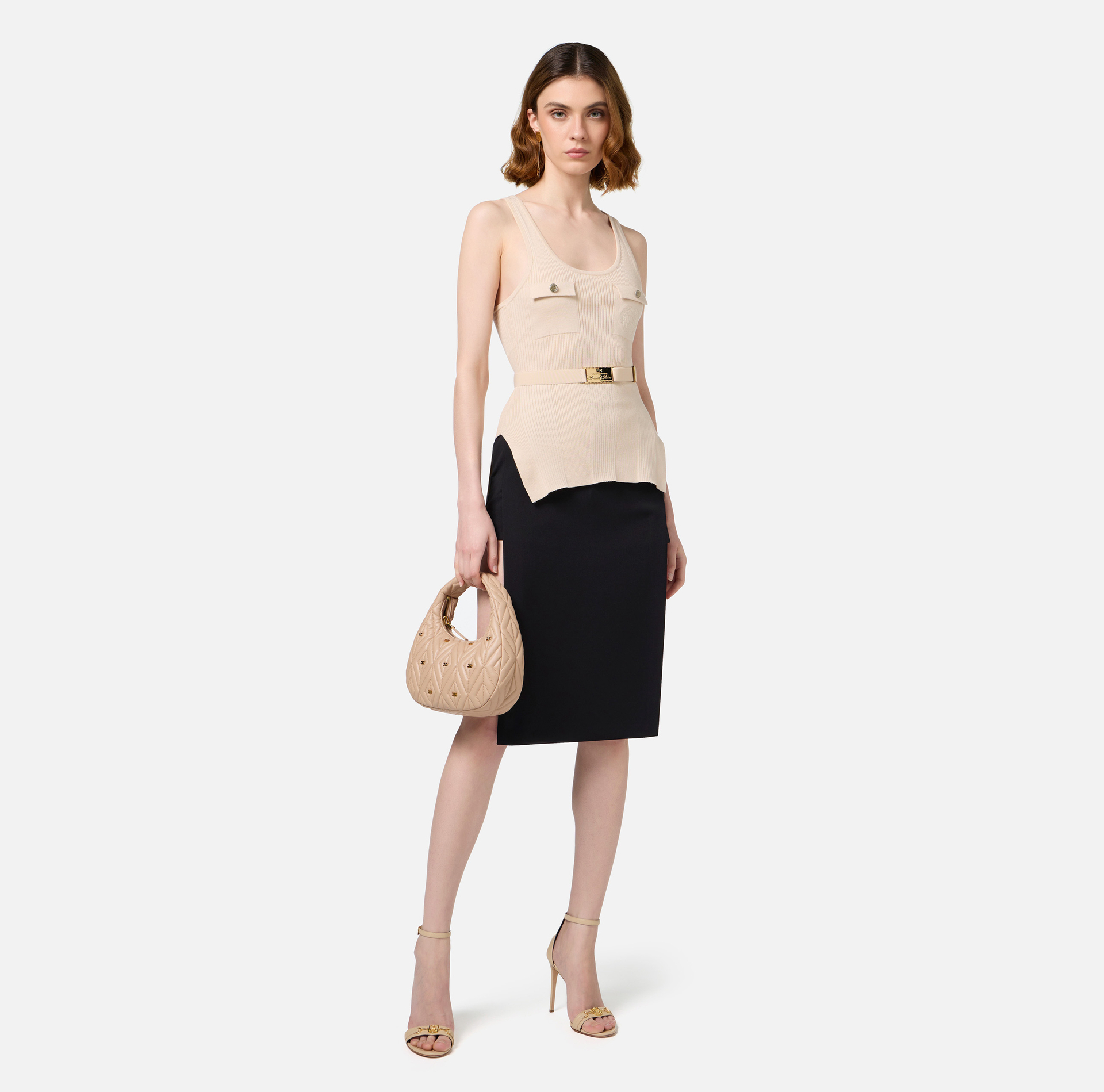 Top de viscosa y seda de canalé con logotipo bordado - Elisabetta Franchi® Outlet