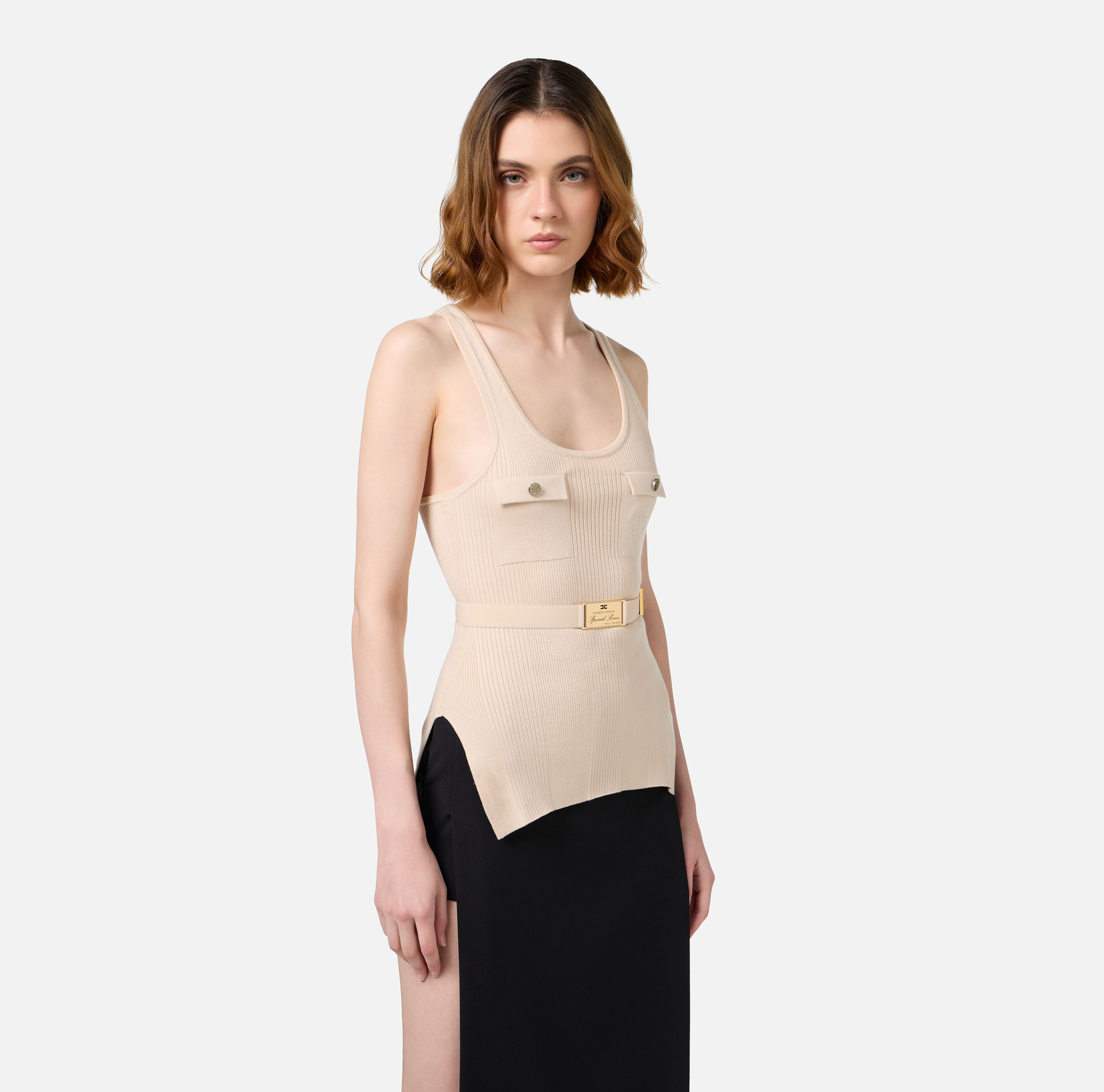 Top de viscosa y seda de canalé con logotipo bordado - Elisabetta Franchi® Outlet