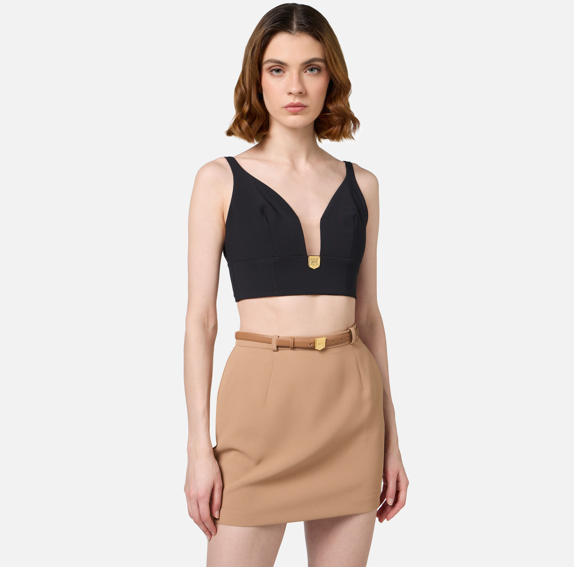 Top in double layer crêpe with logo plaque - Elisabetta Franchi® Outlet