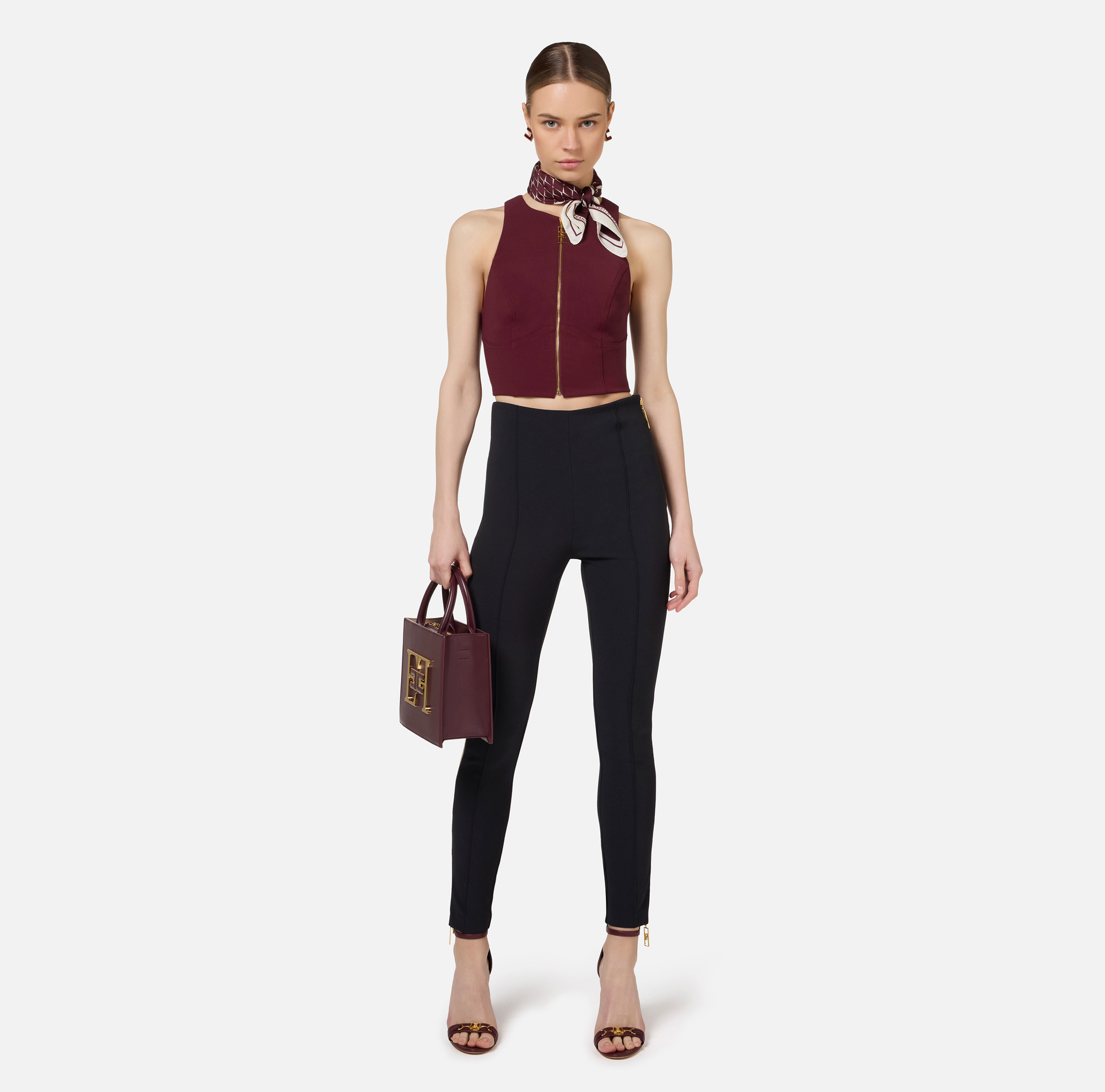 Cropped top in double layer crêpe with zip - Elisabetta Franchi® Outlet