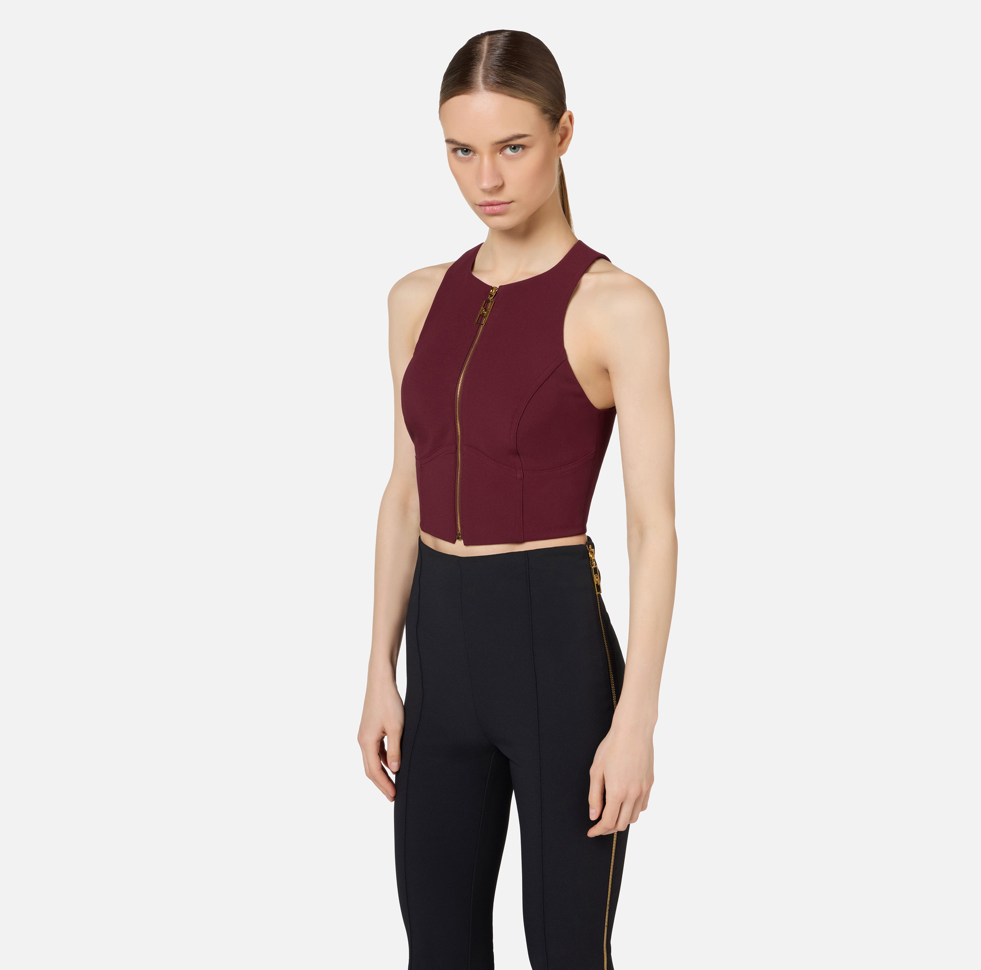 Cropped top in double layer crêpe with zip - Elisabetta Franchi® Outlet