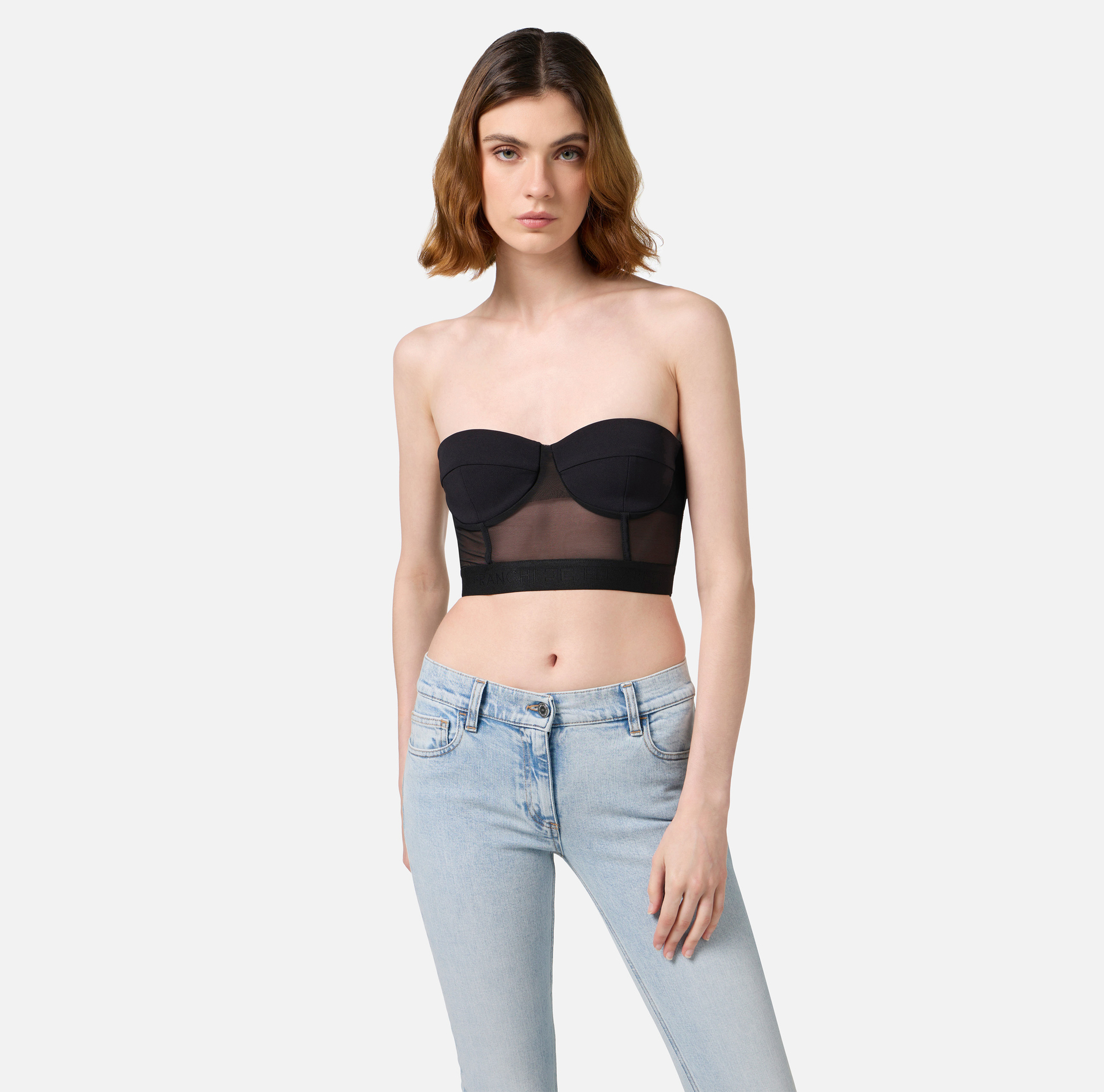 Top à balconnet en crêpe et tulle avec élastique - Elisabetta Franchi® Outlet