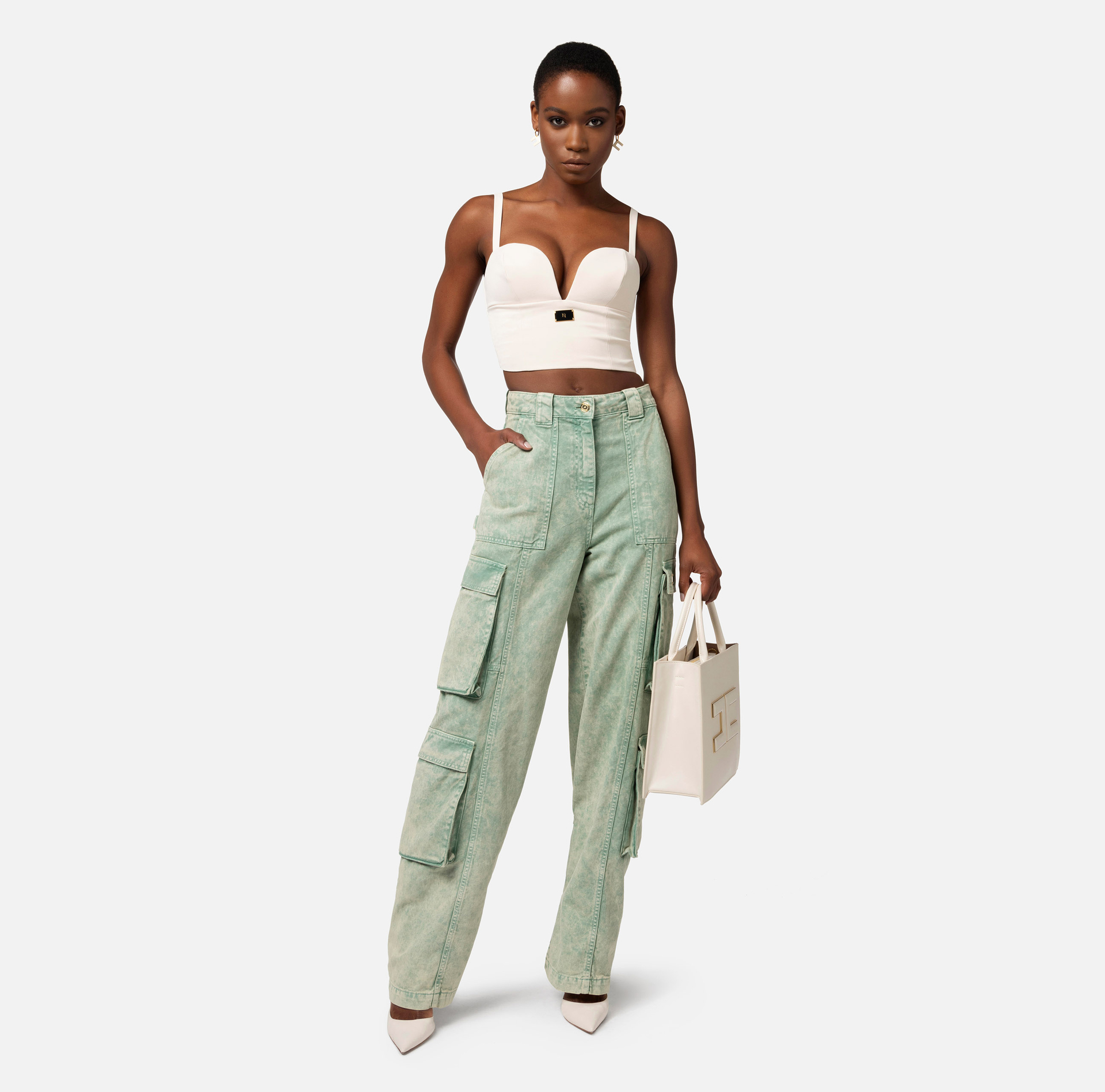 Bustier top in stretch crêpe with enamelled logo plaque - Elisabetta Franchi® Outlet
