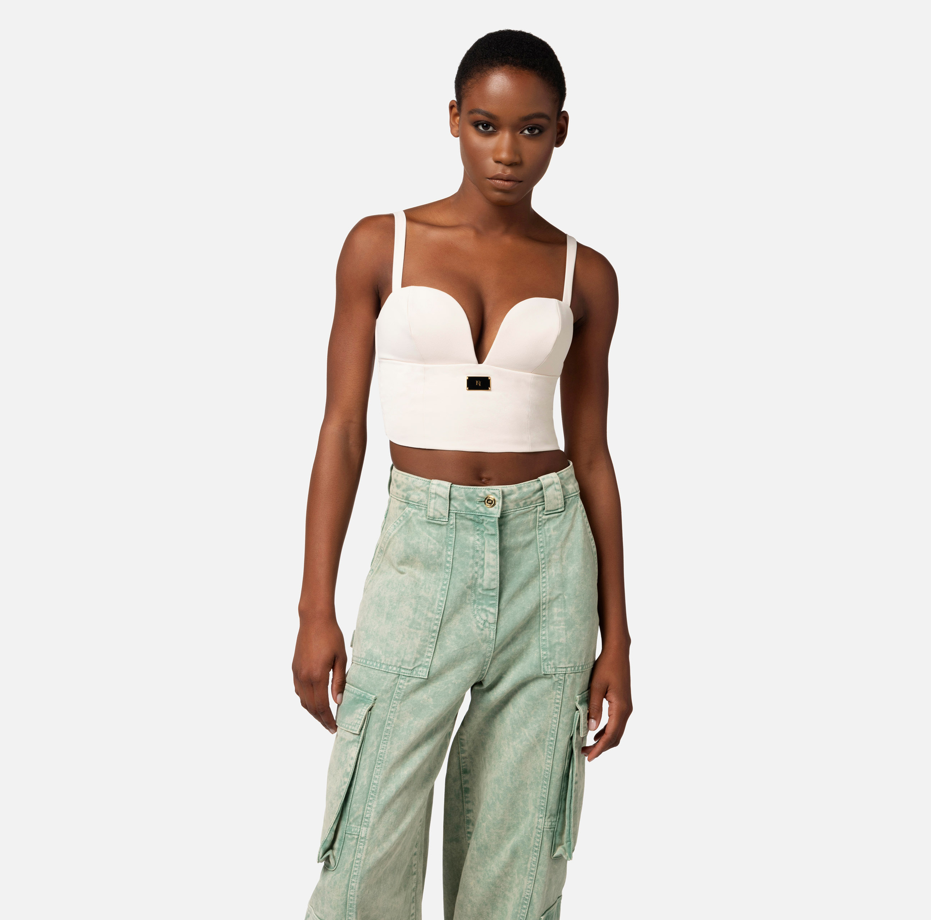 Bustier top in stretch crêpe with enamelled logo plaque - Elisabetta Franchi® Outlet