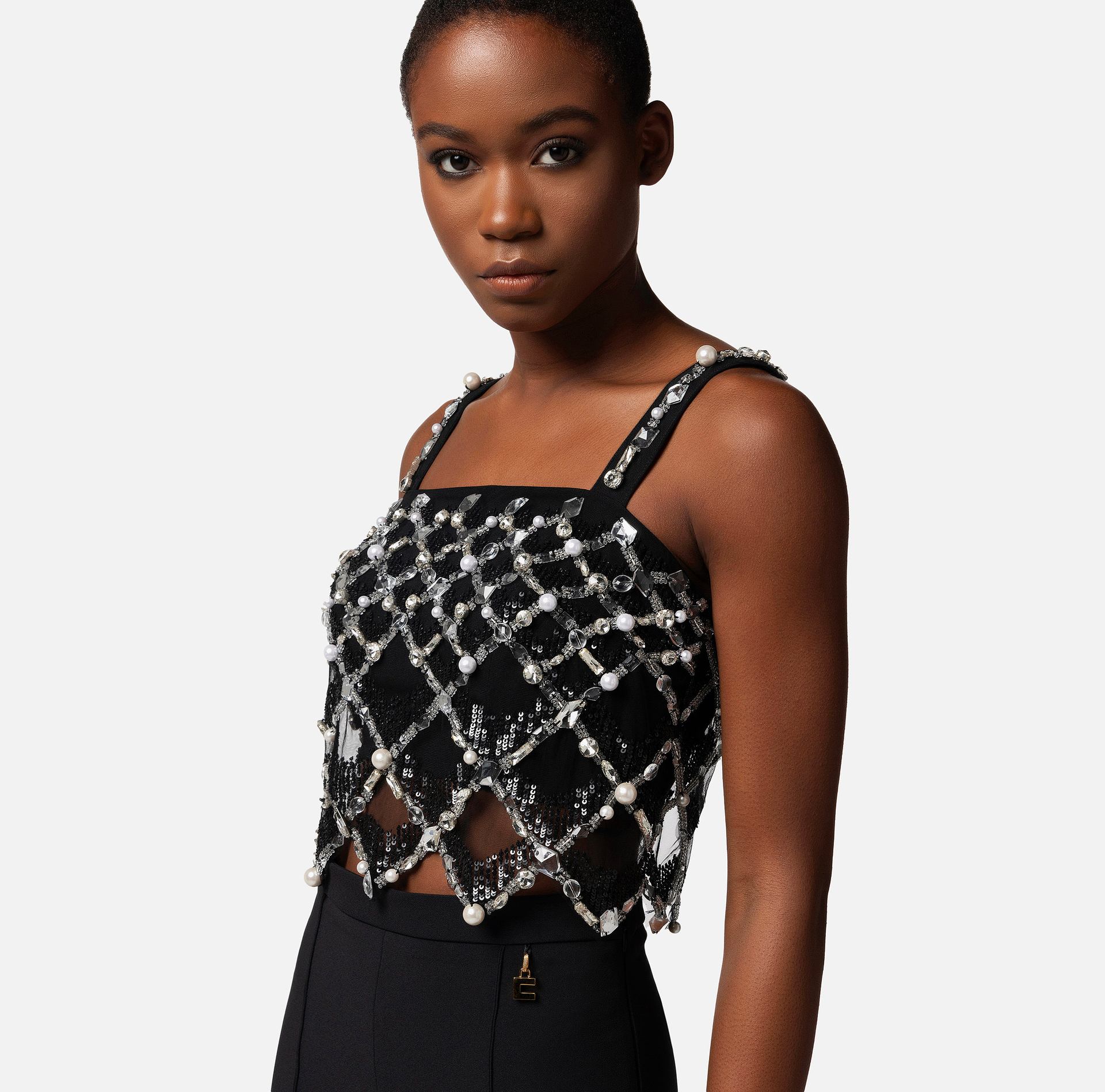 Top aus Tüll mit geometrischer Stickerei - Elisabetta Franchi® Outlet