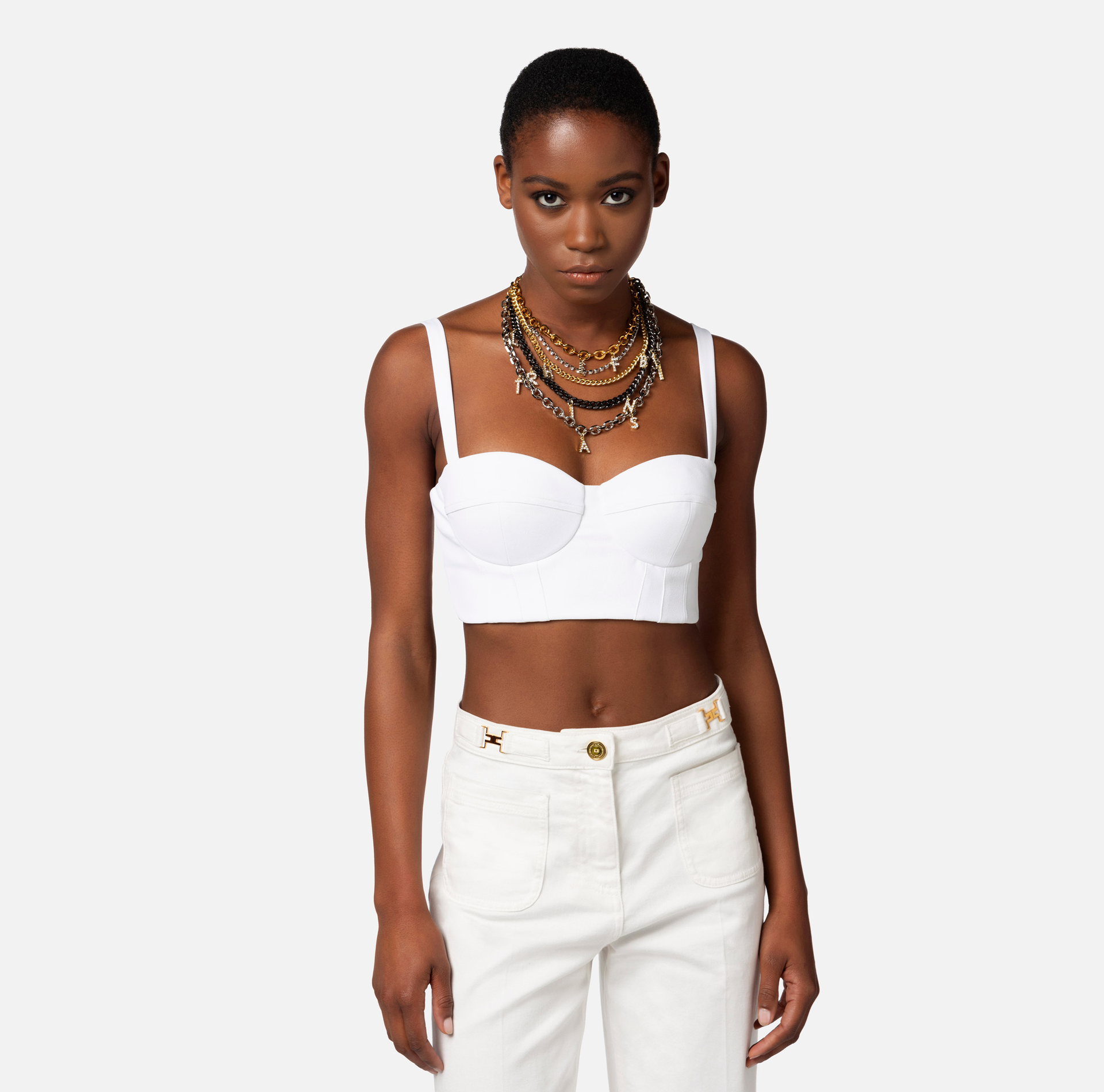 Bustier top in double layer stretch crêpe with necklace - Elisabetta Franchi® Outlet