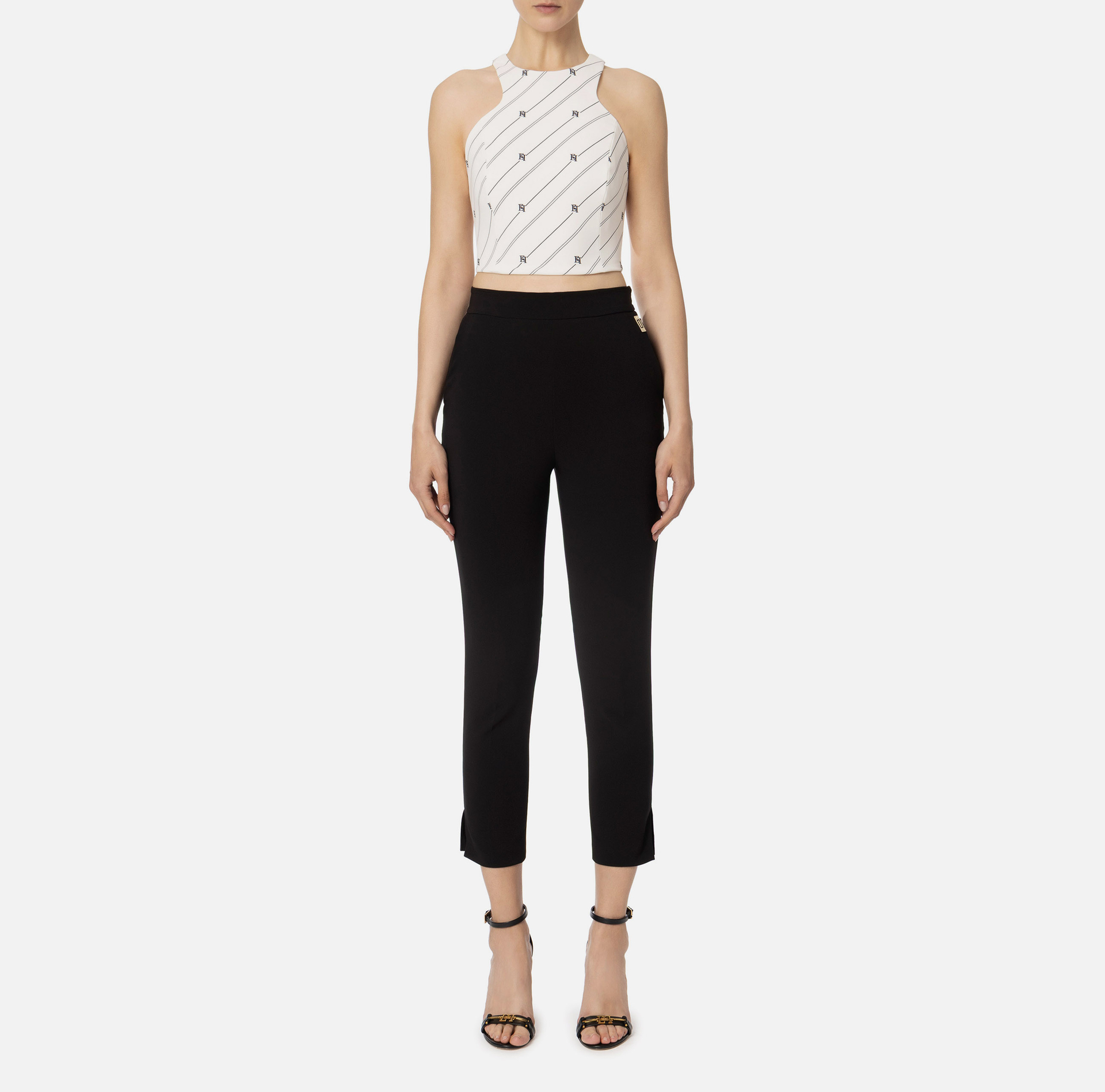Top de crepé elástico con estampado de logotipos y foulard de cadena - Elisabetta Franchi® Outlet