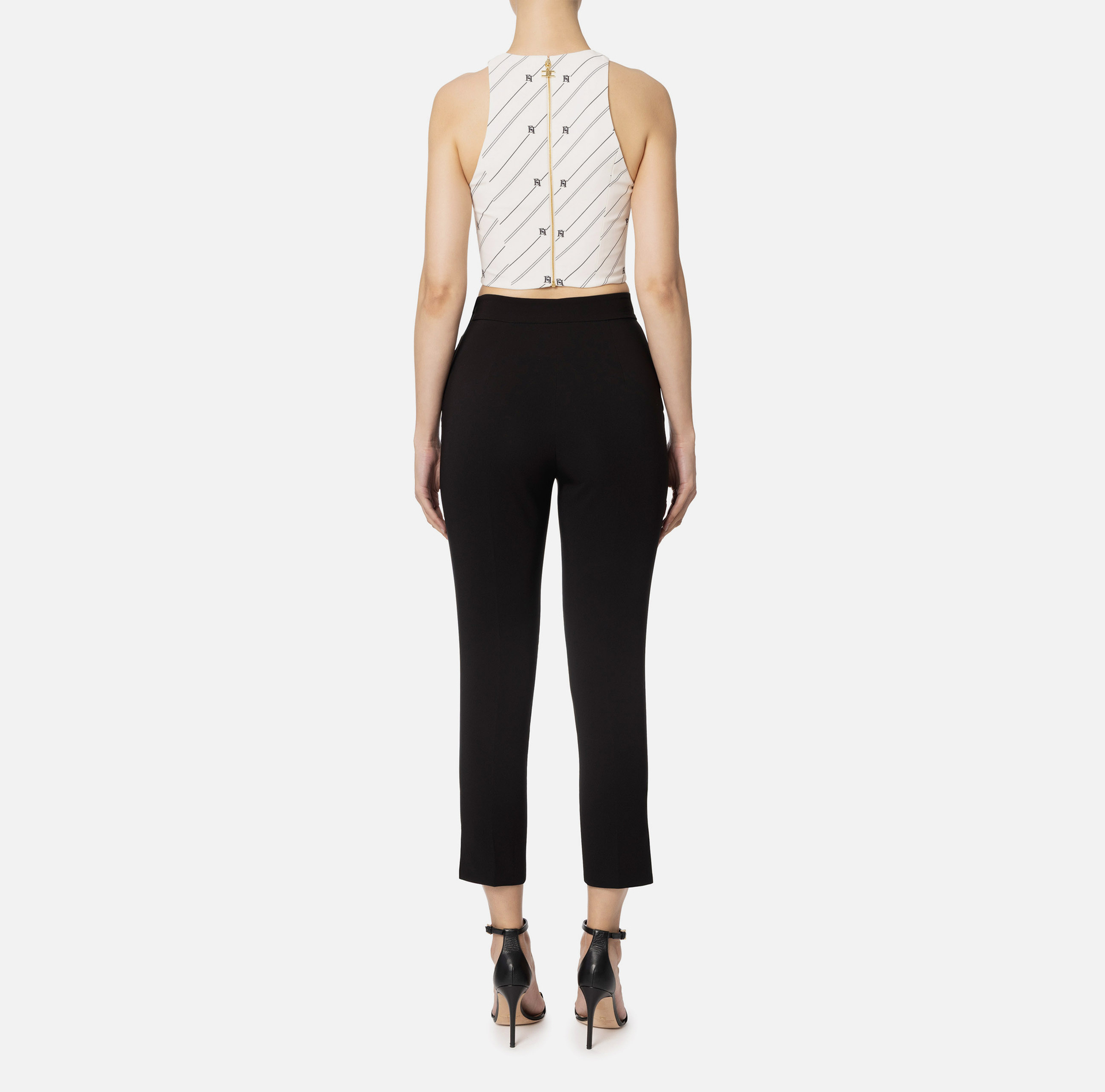 Top de crepé elástico con estampado de logotipos y foulard de cadena - Elisabetta Franchi® Outlet