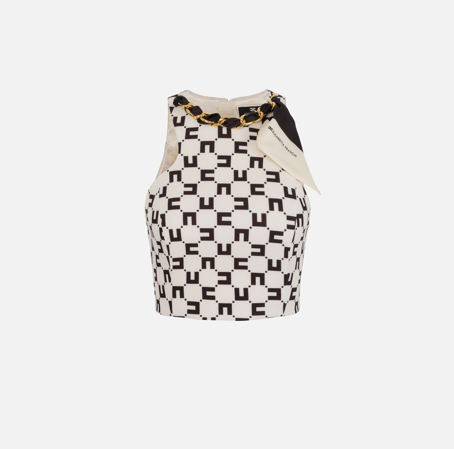 Stretch crêpe top with logo print and foulard scarf chain - Elisabetta Franchi® Outlet