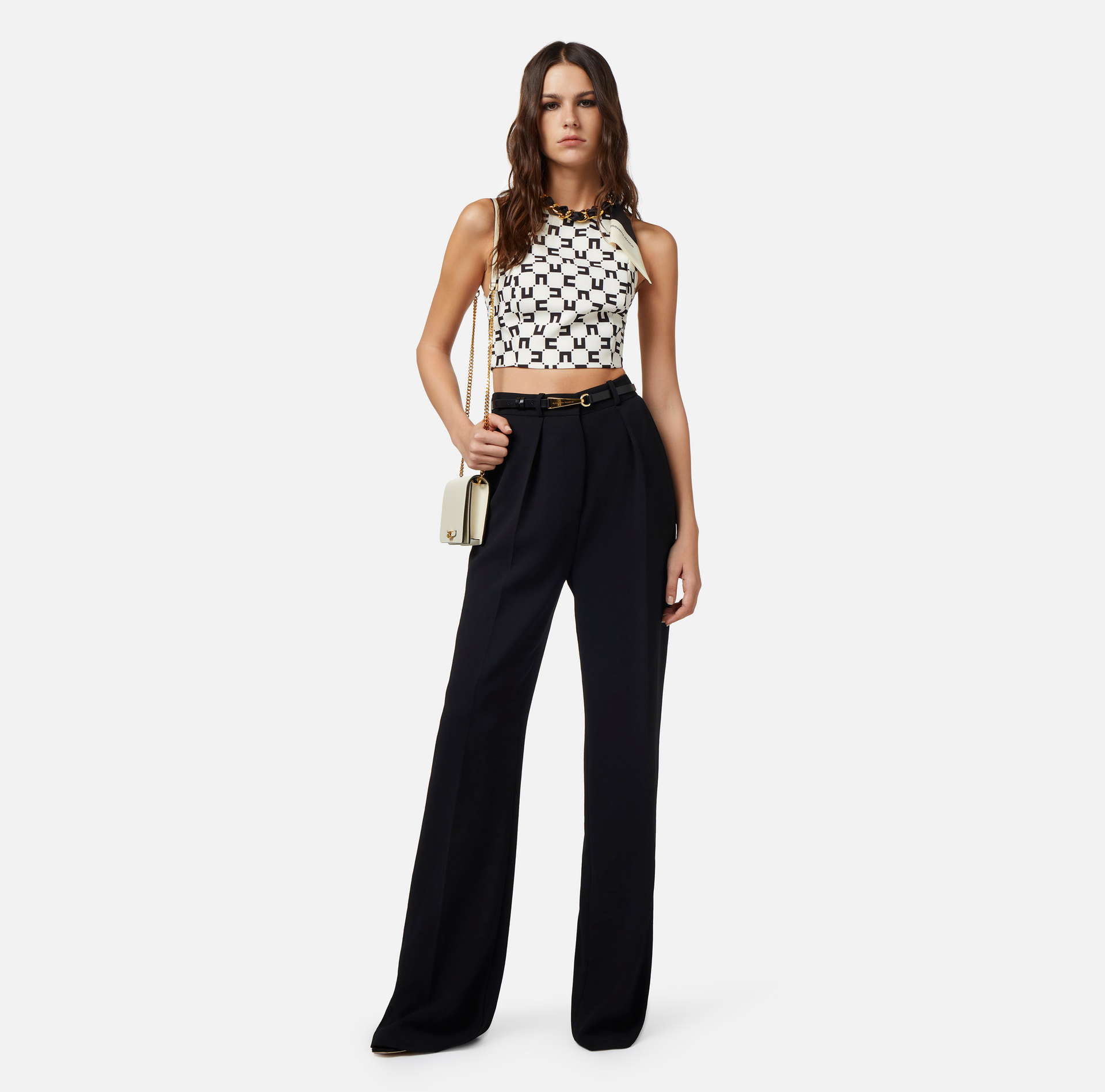 Stretch crêpe top with logo print and foulard scarf chain - Elisabetta Franchi® Outlet
