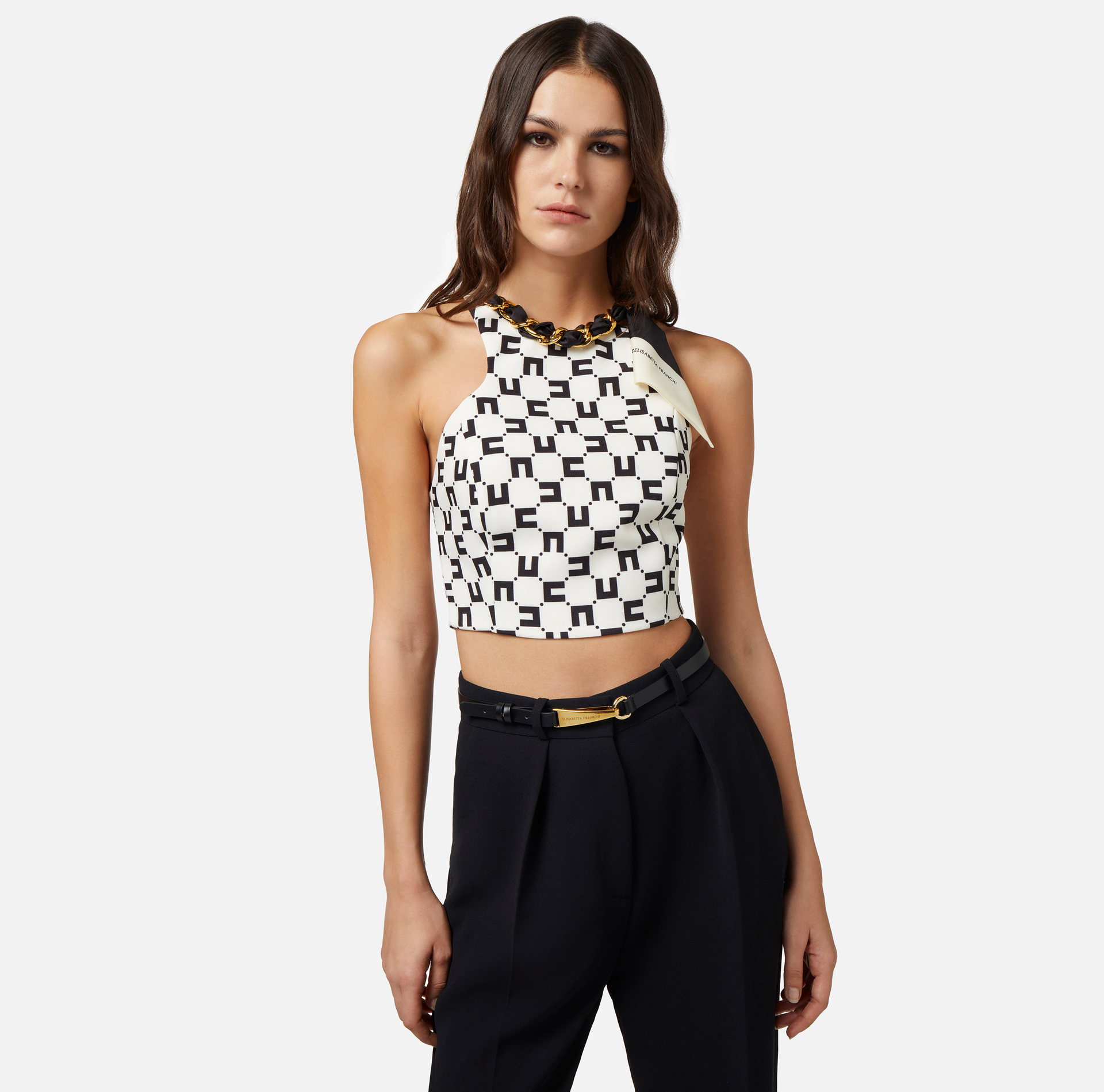 Stretch crêpe top with logo print and foulard scarf chain - Elisabetta Franchi® Outlet