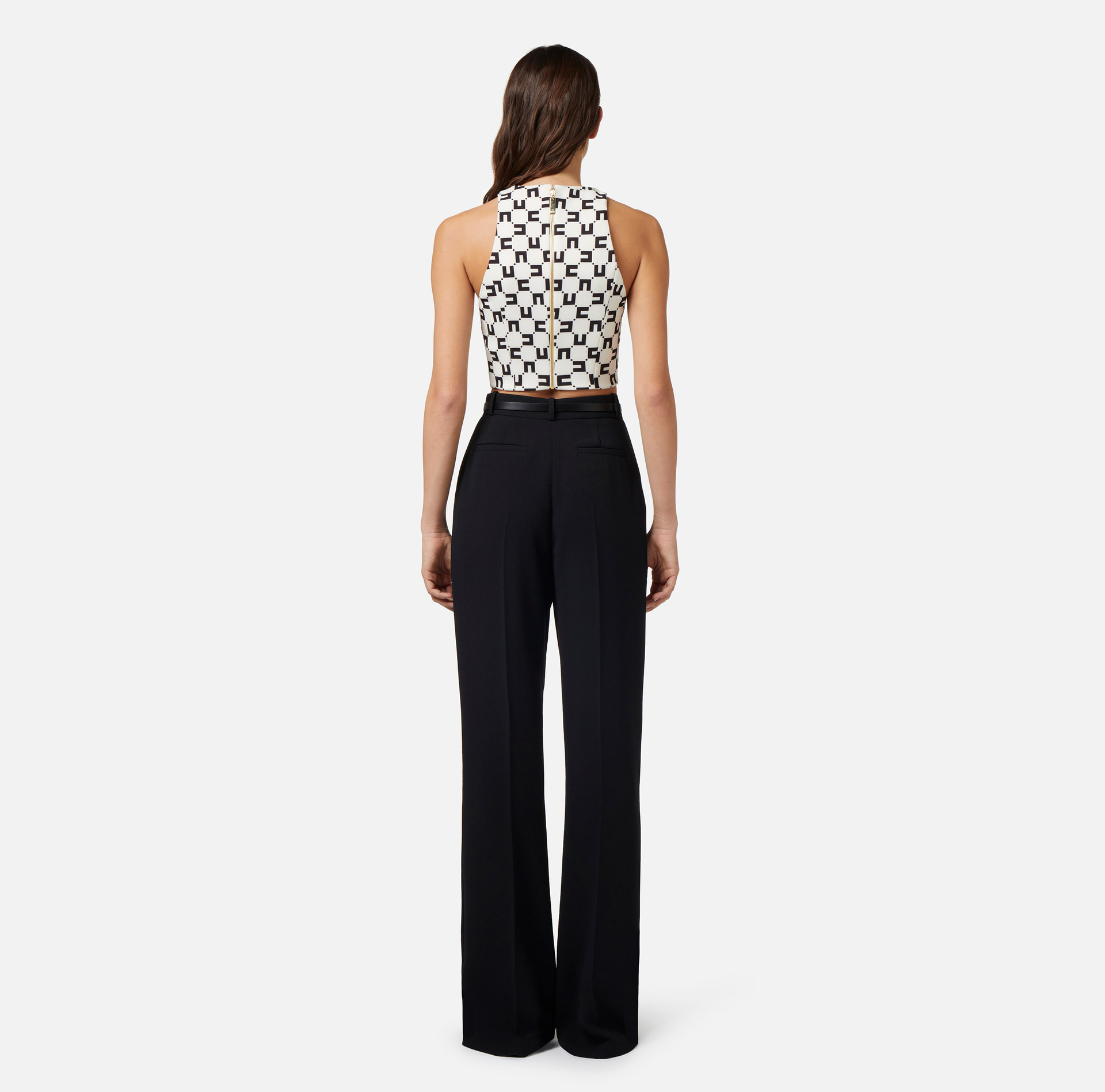 Stretch crêpe top with logo print and foulard scarf chain - Elisabetta Franchi® Outlet
